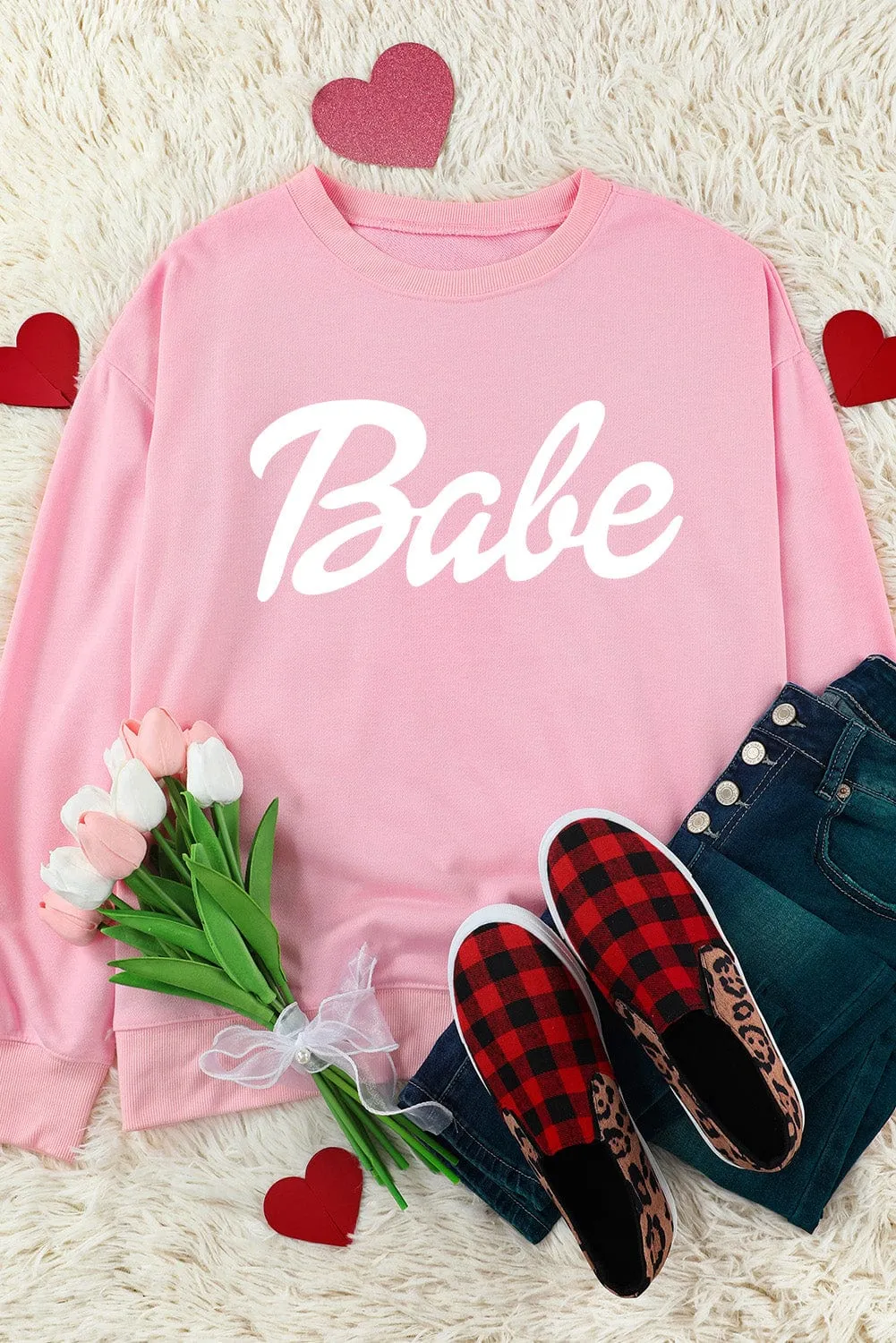 Babe Print Pink Ribbed Knit Trim Sweater