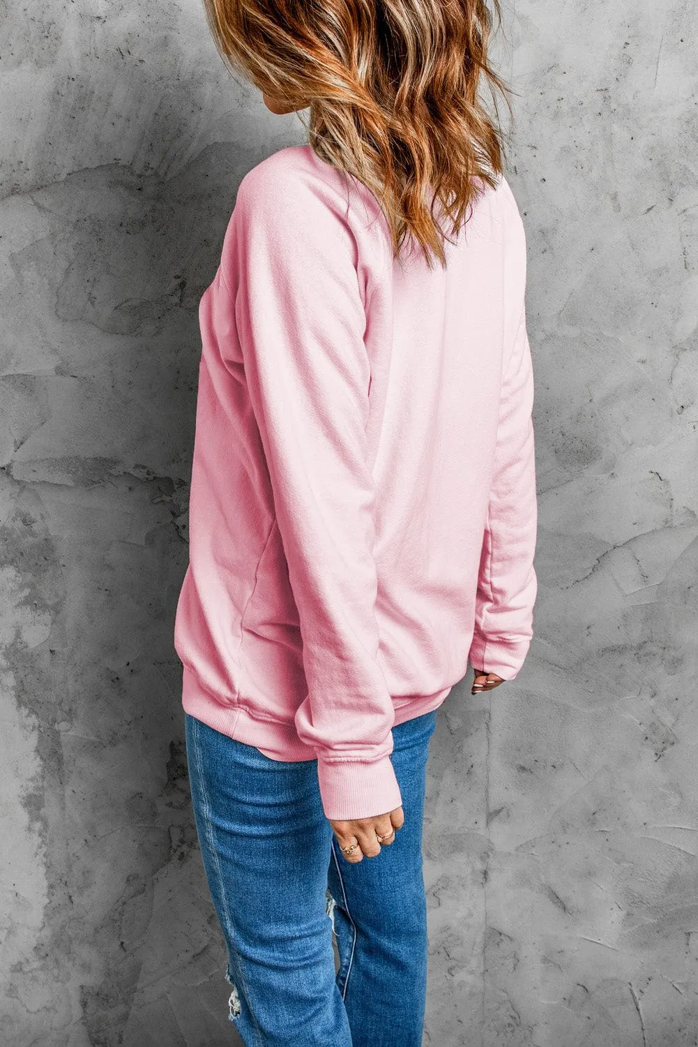 Babe Print Pink Ribbed Knit Trim Sweater