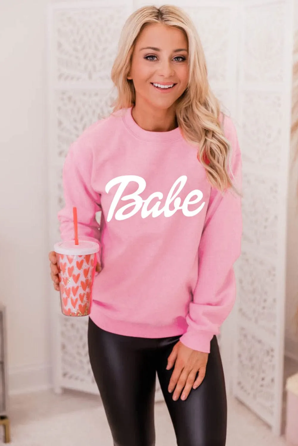 Babe Print Pink Ribbed Knit Trim Sweater