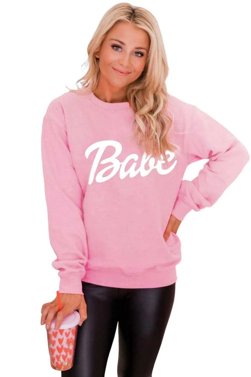 Babe Print Pink Ribbed Knit Trim Sweater