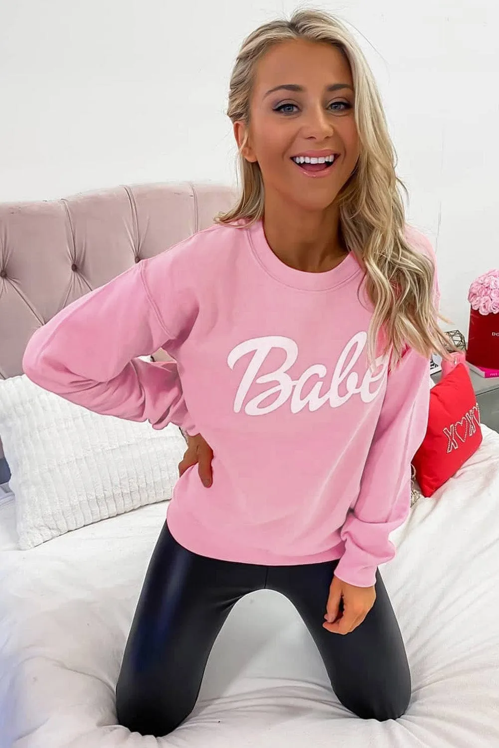 Babe Print Pink Ribbed Knit Trim Sweater