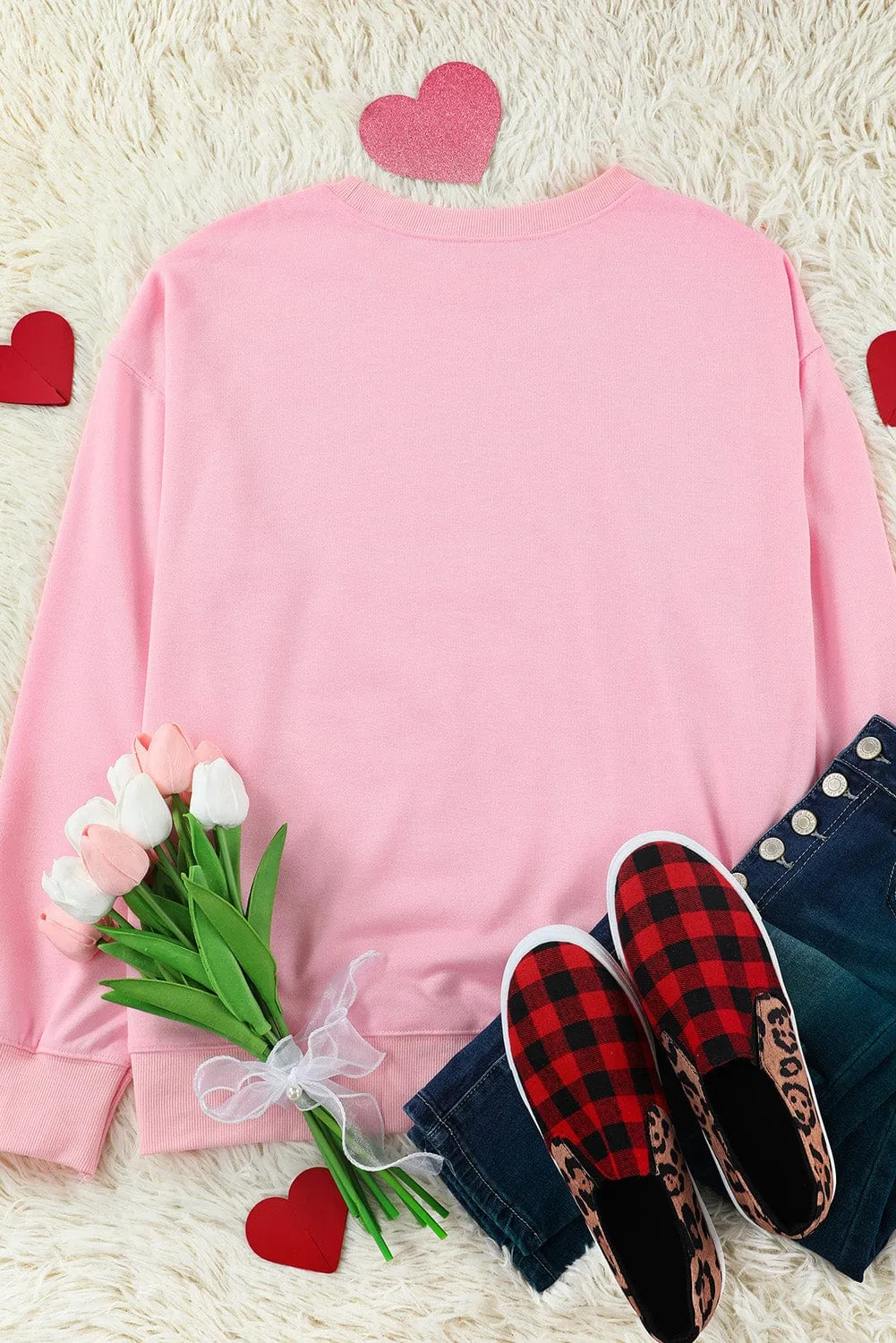 Babe Print Pink Ribbed Knit Trim Sweater