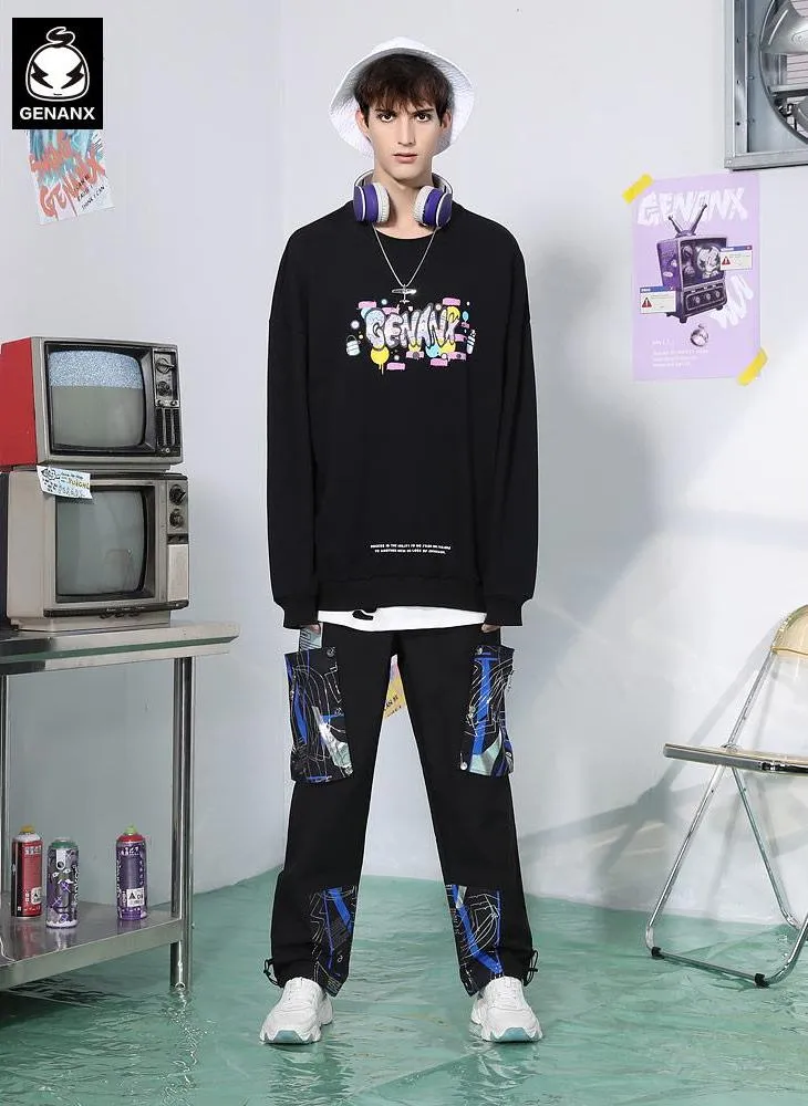 Black Minimalist Candy Color Print Sweatshirt