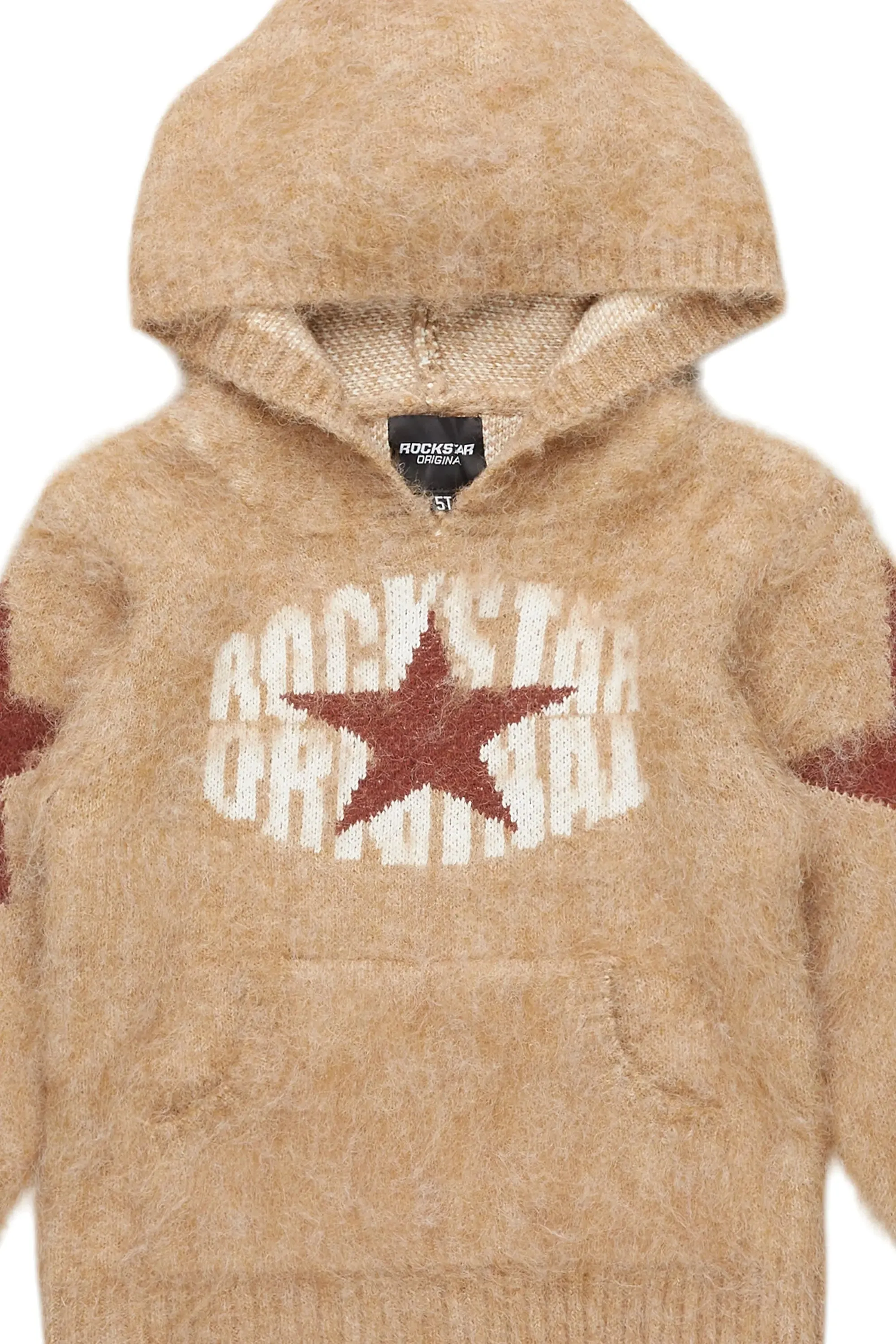 Boys States Brown Graphic Knitted Mohair Hoodies