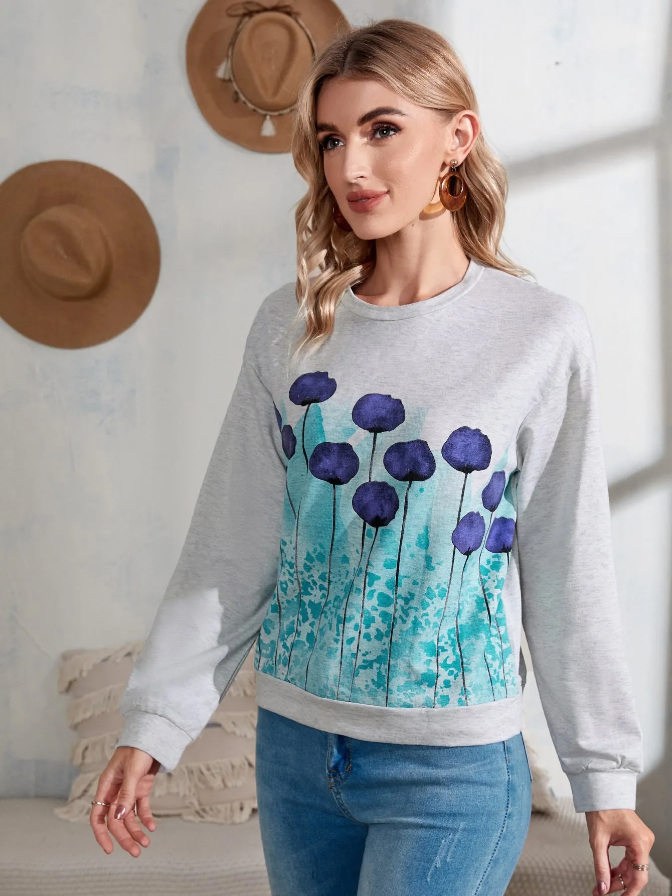 Casual Floral Long Sleeve Round Neck Regular Women Sweatshirt