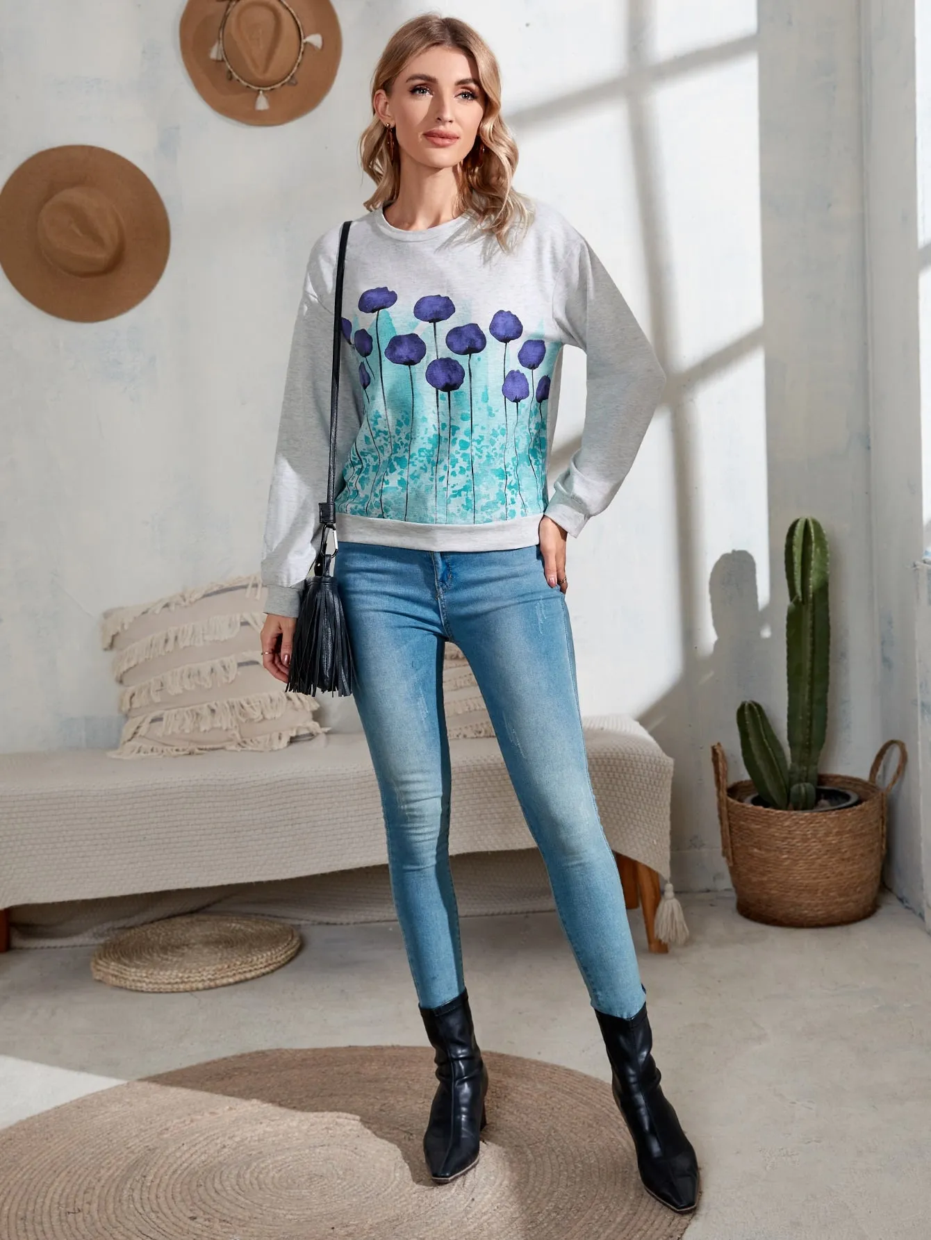 Casual Floral Long Sleeve Round Neck Regular Women Sweatshirt