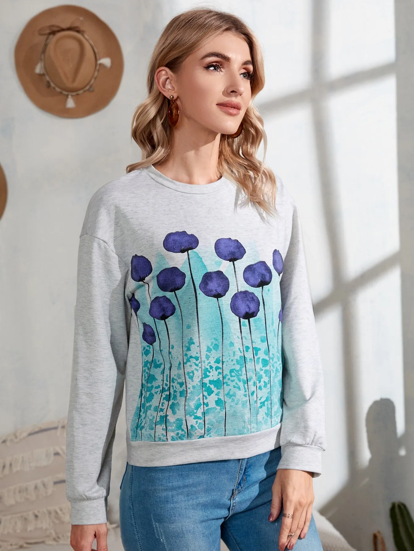 Casual Floral Long Sleeve Round Neck Regular Women Sweatshirt