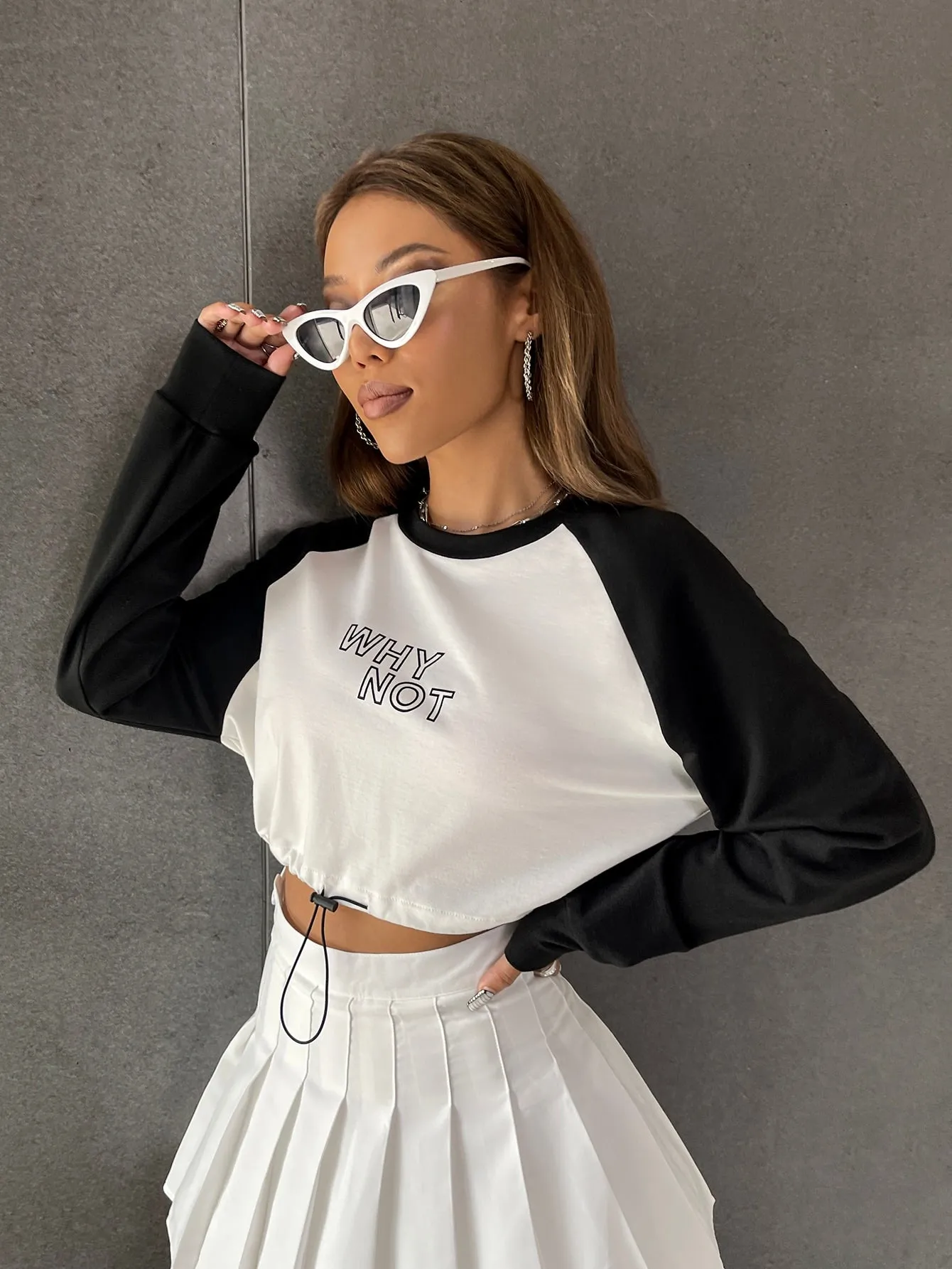 Casual Letter Drawstring Long Sleeve Round Neck Crop Women Sweatshirt