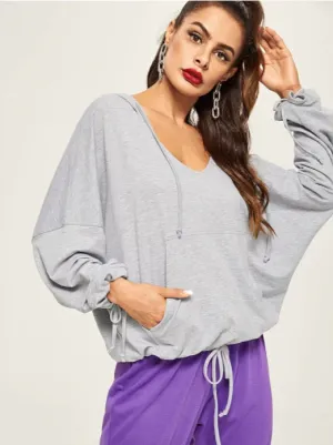 Casual Loose Gray Deep V Sweatshirts Pullover / Yoga