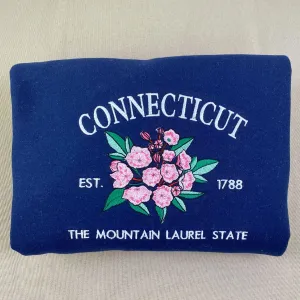 Connecticut State Sweatshirt or Hoodie, Embroidered Gift - Est. 1788 Mountain Laurel Flower