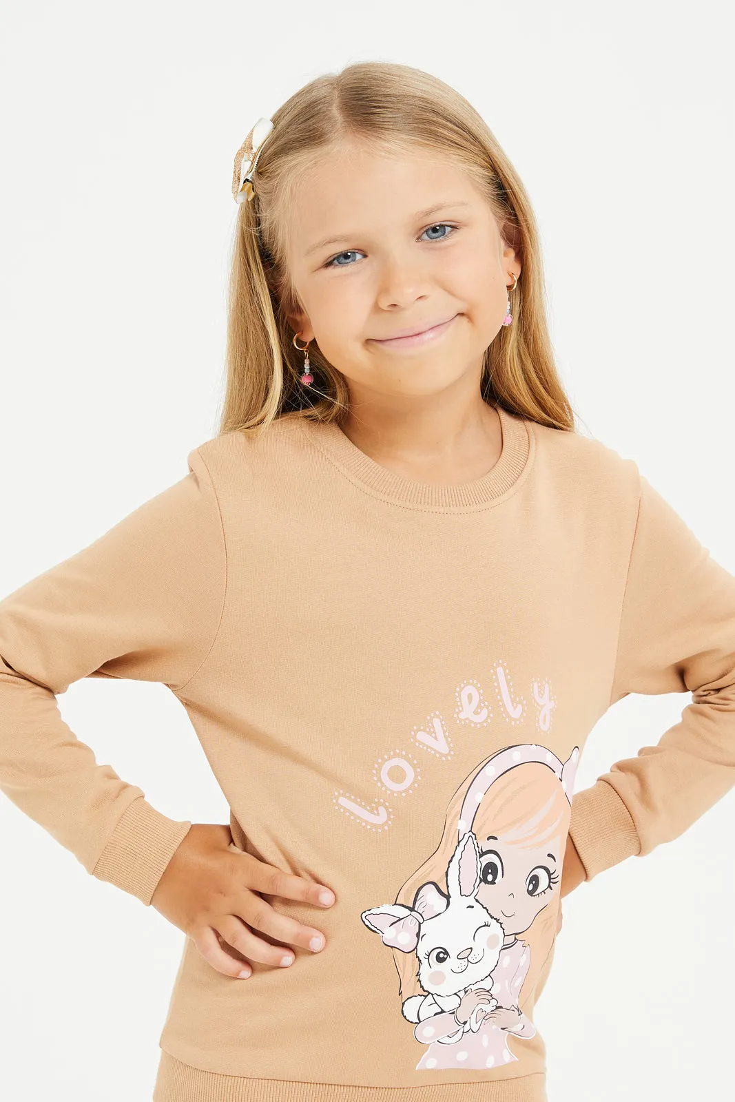 Girls Beige Printed Sweatshirt