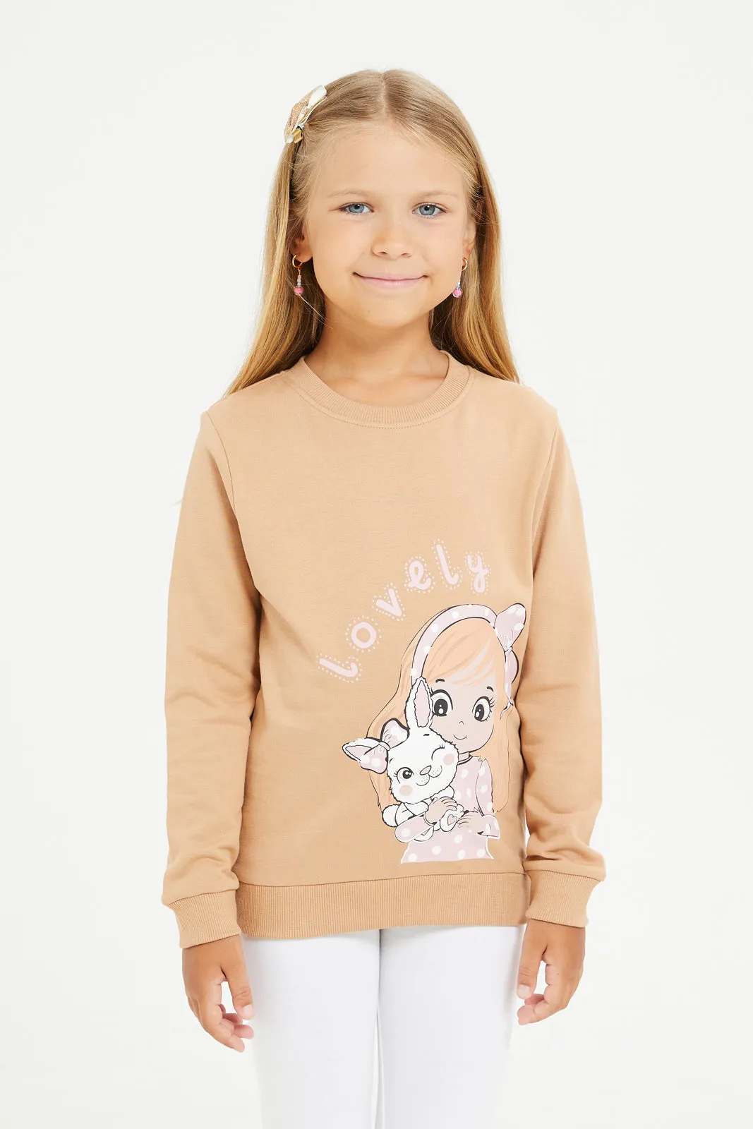 Girls Beige Printed Sweatshirt