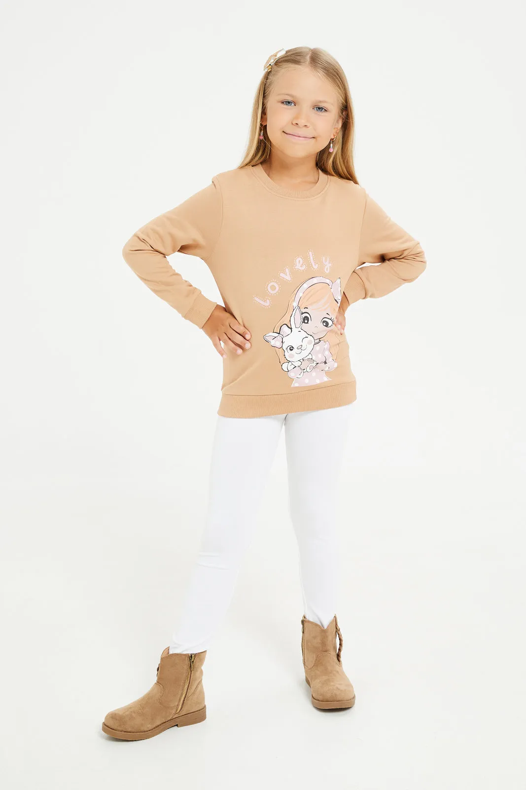 Girls Beige Printed Sweatshirt