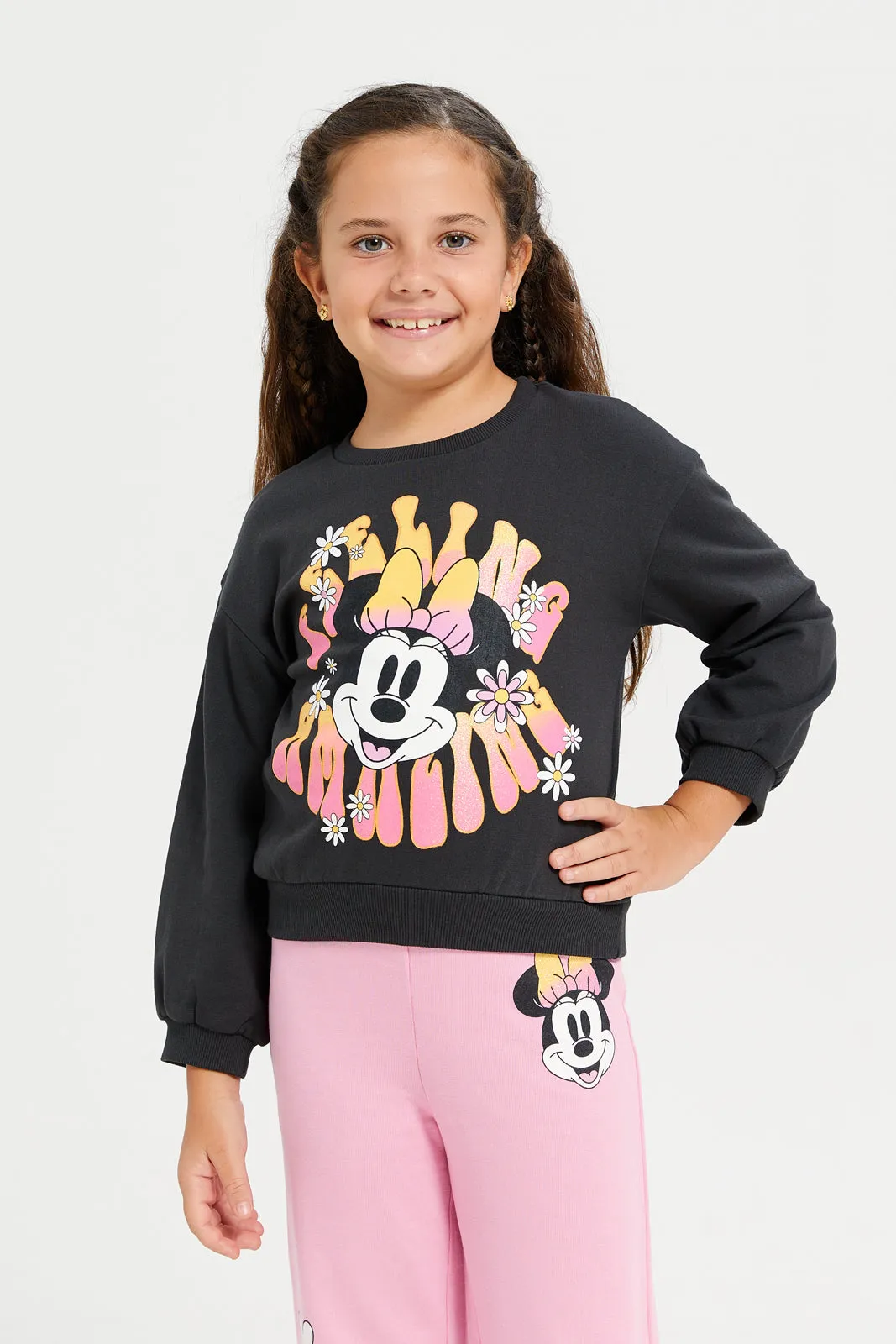 Girls Black Minnie Mouse Print Sweatshirt