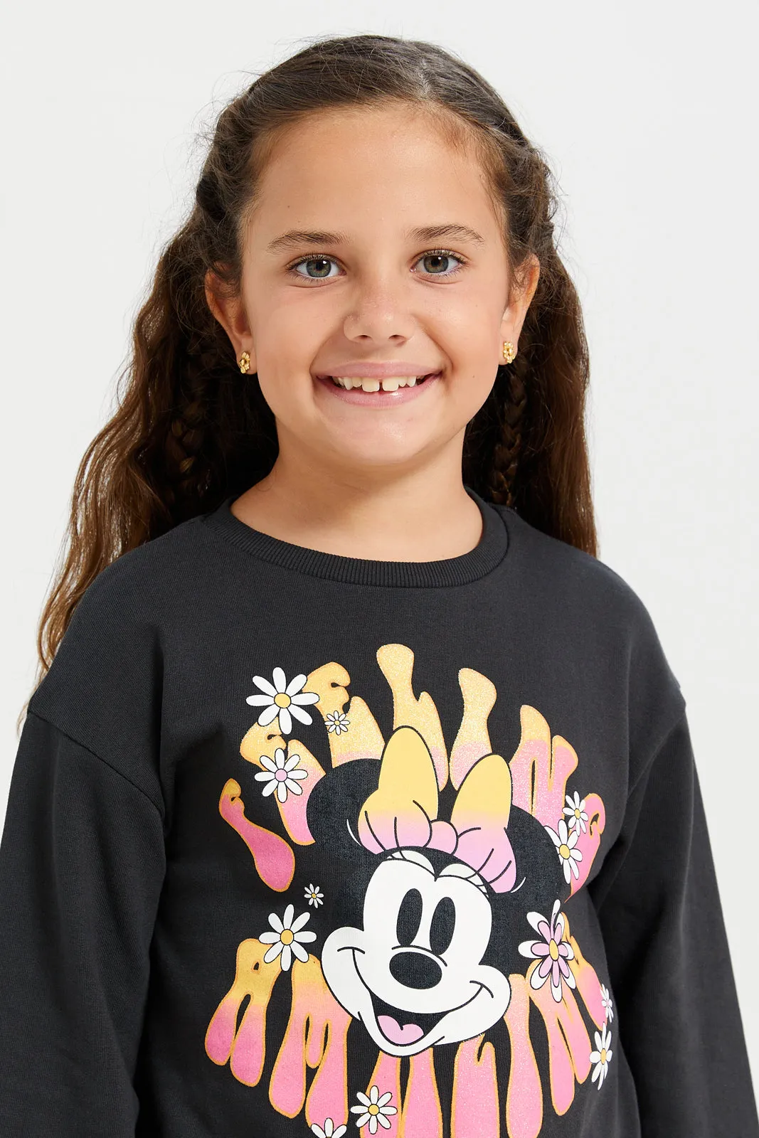 Girls Black Minnie Mouse Print Sweatshirt