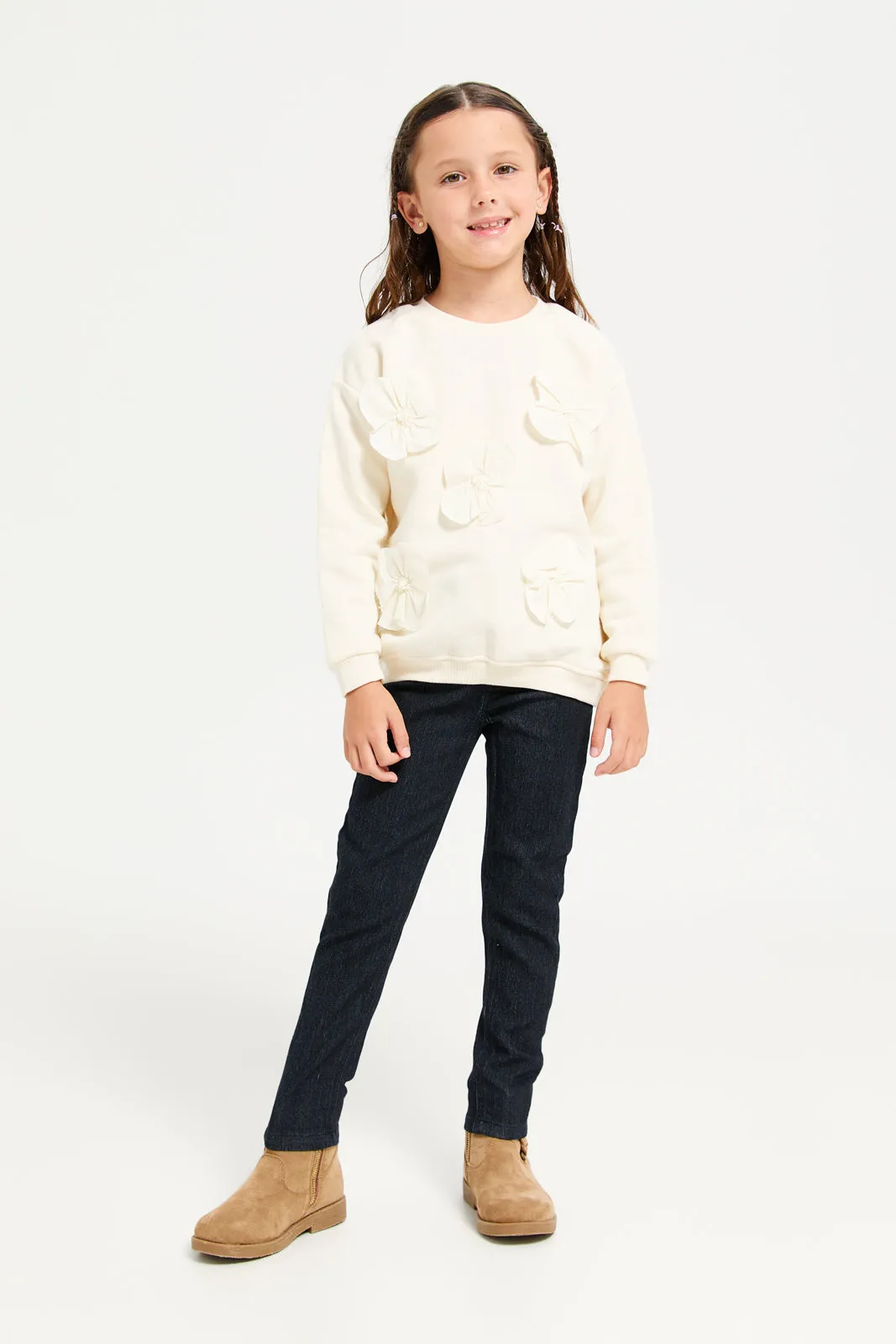 Girls Cream Embellished Flowers Sweatshirt