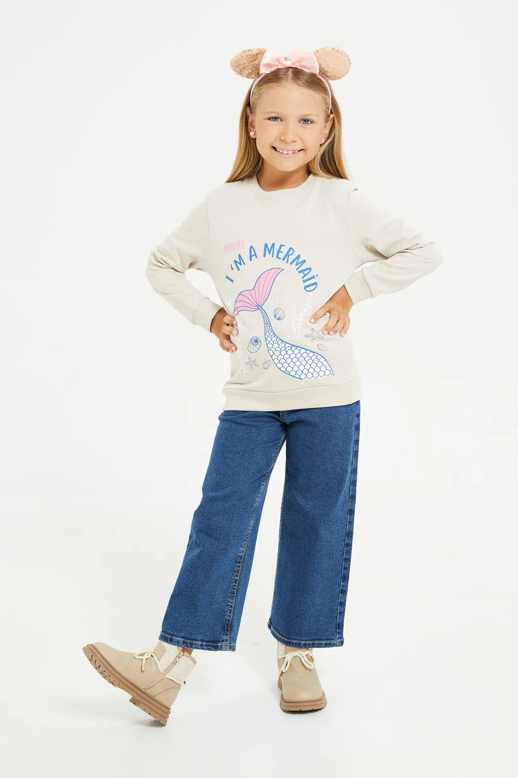 Girls Ecru Printed Sweatshirt