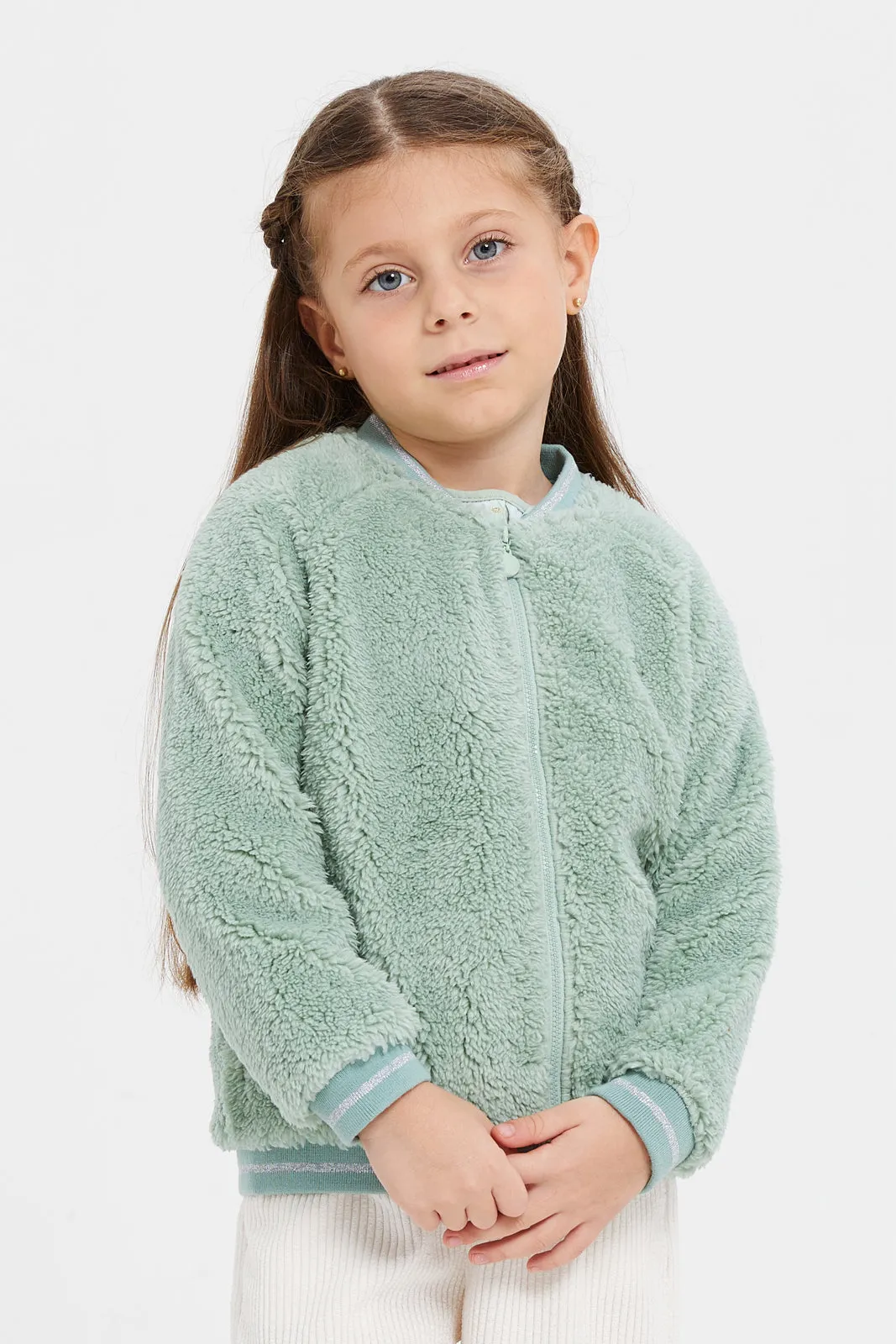 Girls Green Front Zipper Sweatshirt