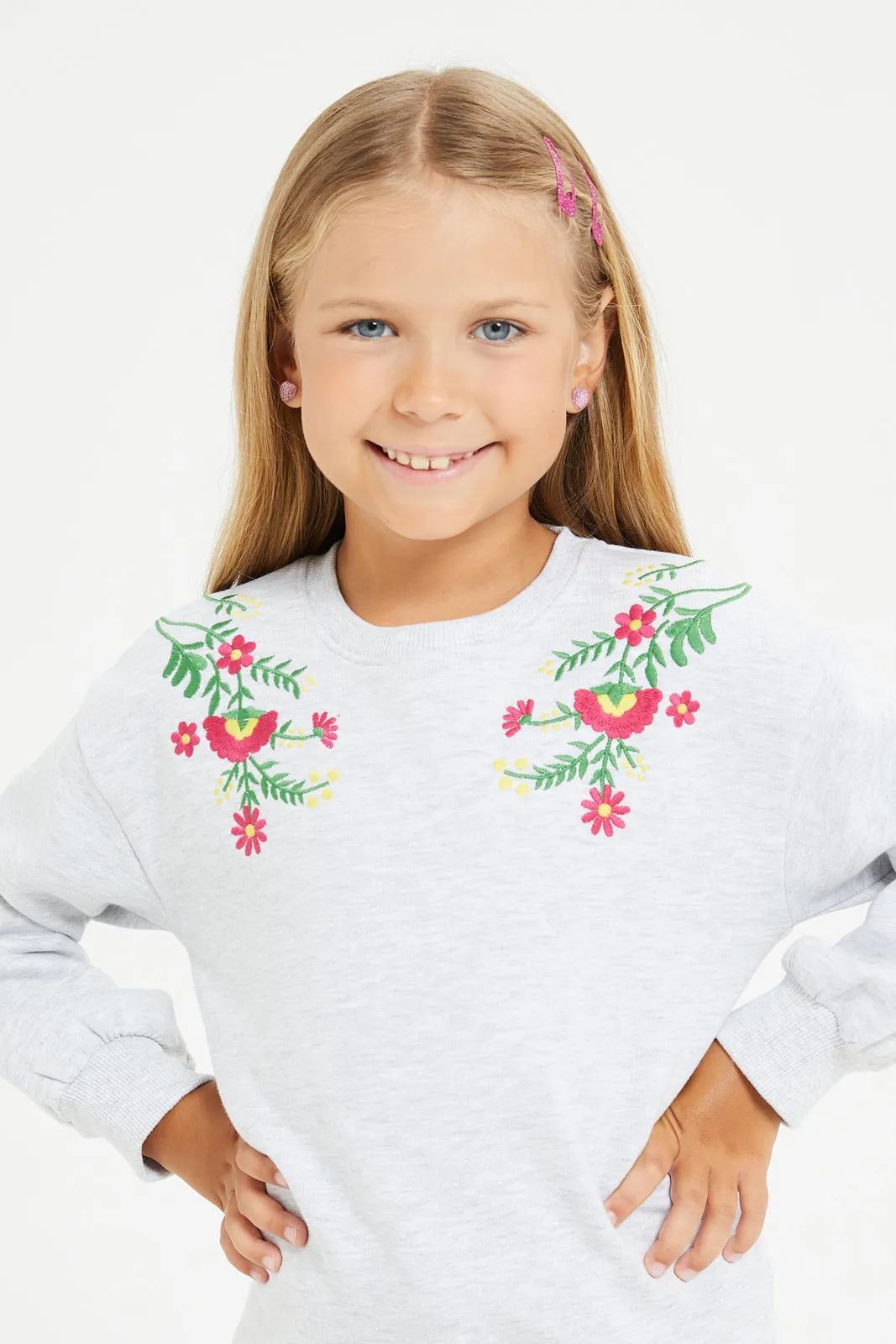 Girls Grey Embroidered Sweatshirt