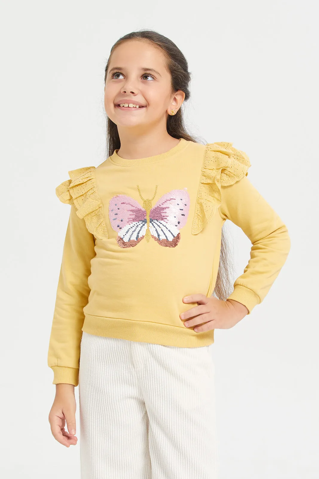 Girls Mustard Butterfly Sequins Sweatshirt