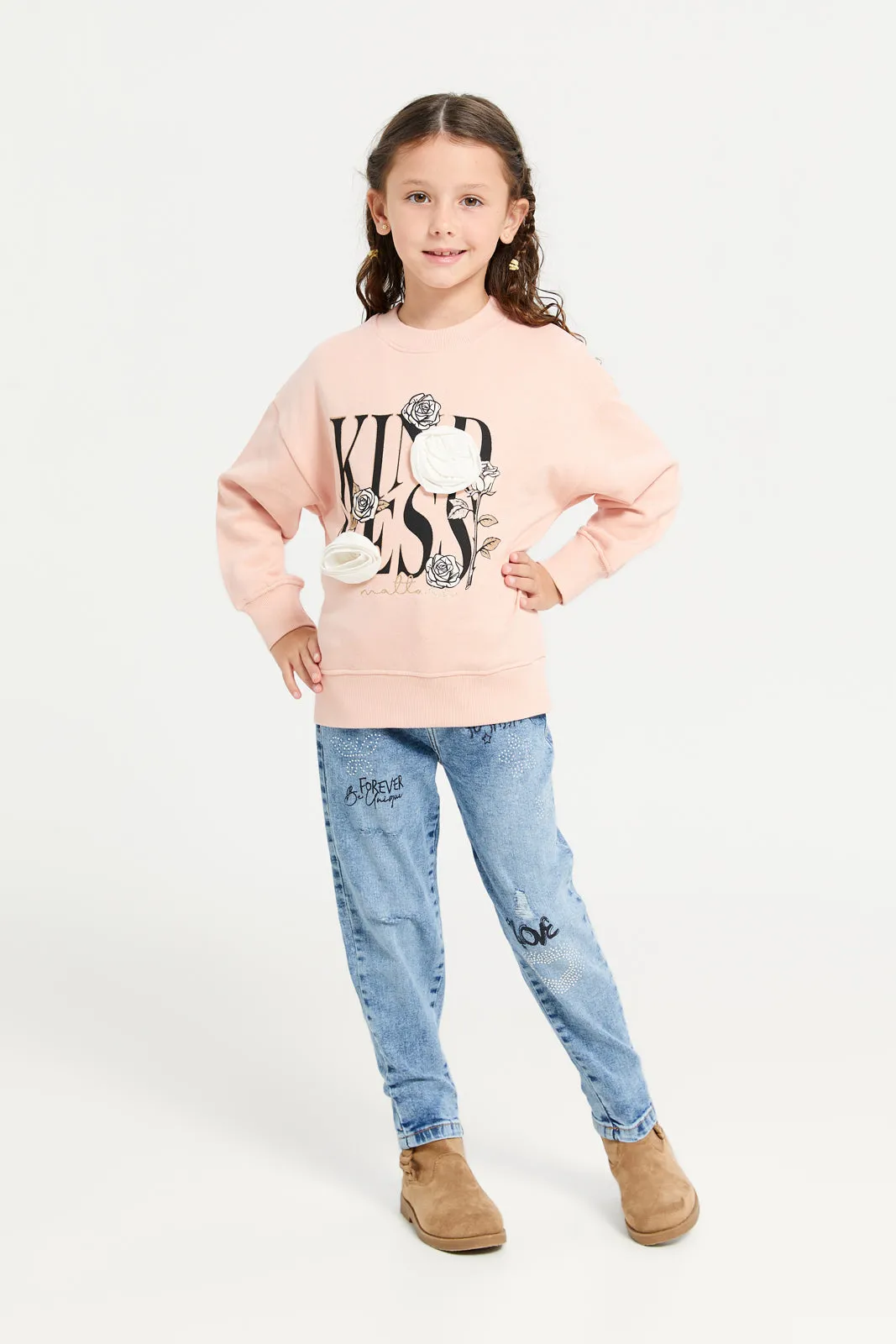 Girls Pink Floral Embellished Sweatshirt