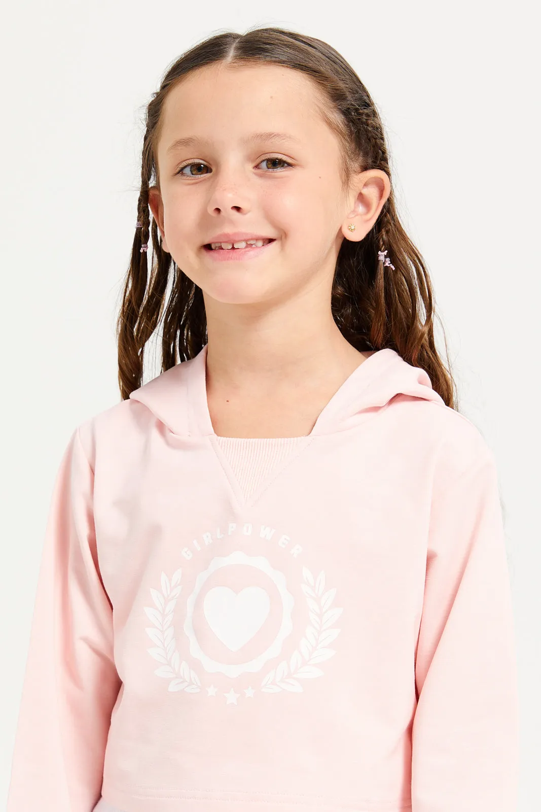 Girls Pink Printed Hooded Active Sweatshirt