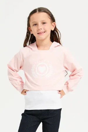 Girls Pink Printed Hooded Active Sweatshirt