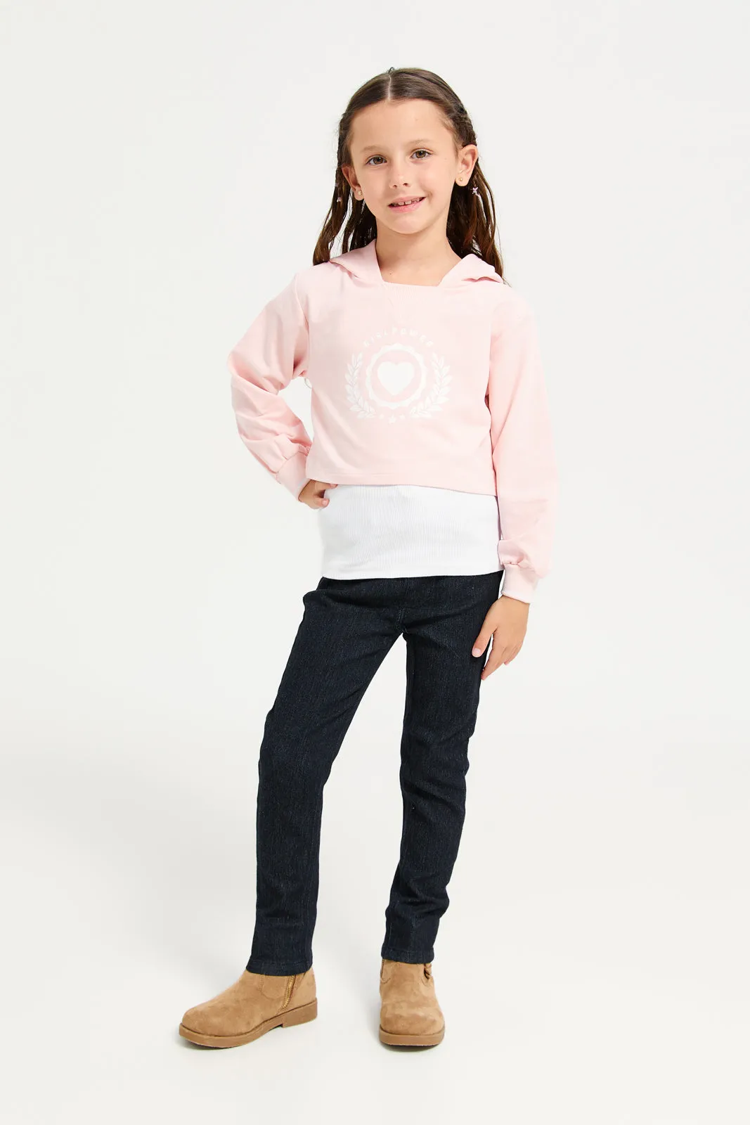 Girls Pink Printed Hooded Active Sweatshirt