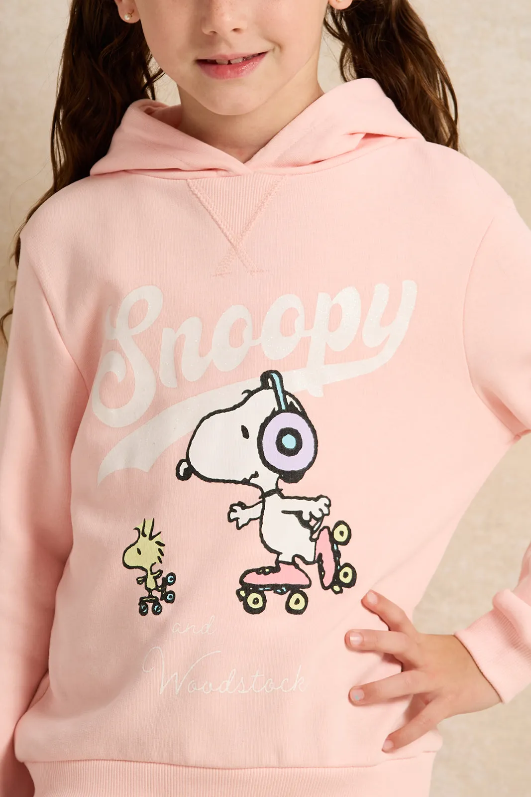 Girls Pink Snoopy Print Hooded Sweatshirt