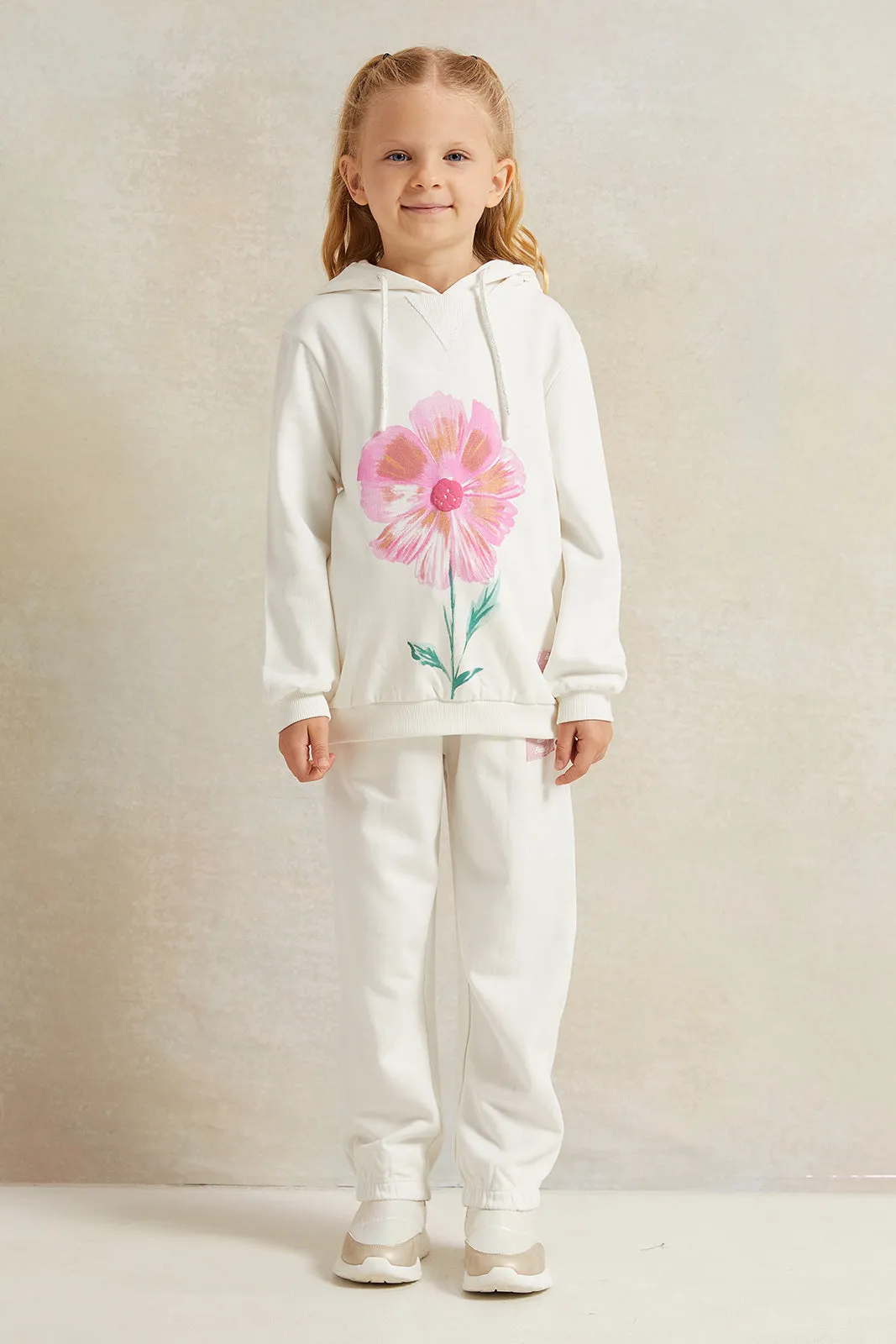 Girls White Flower Print Hooded Sweatshirt