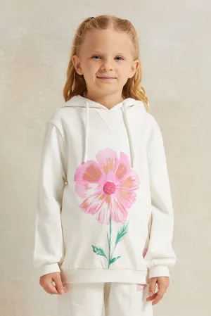 Girls White Flower Print Hooded Sweatshirt