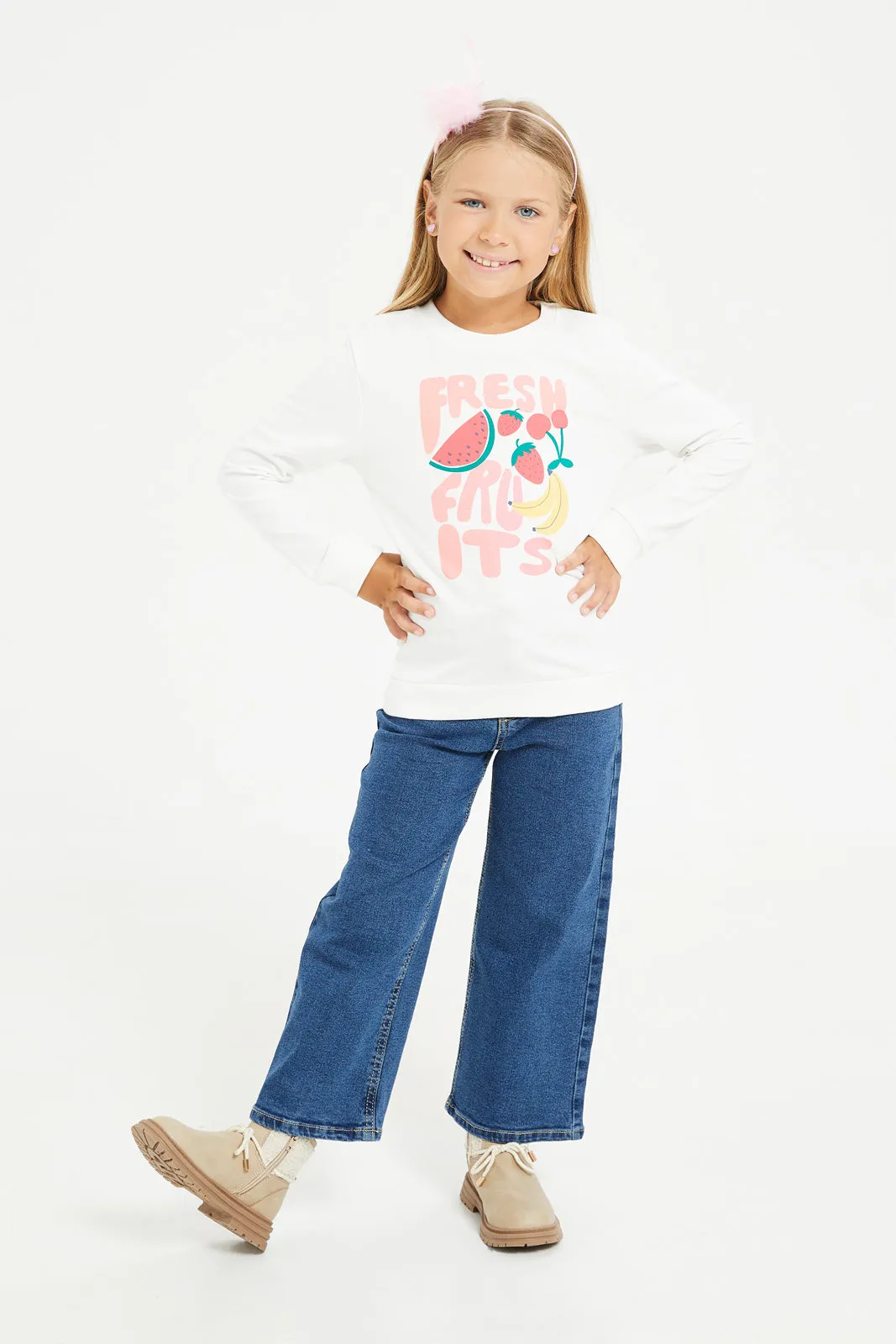 Girls White Printed Sweatshirt