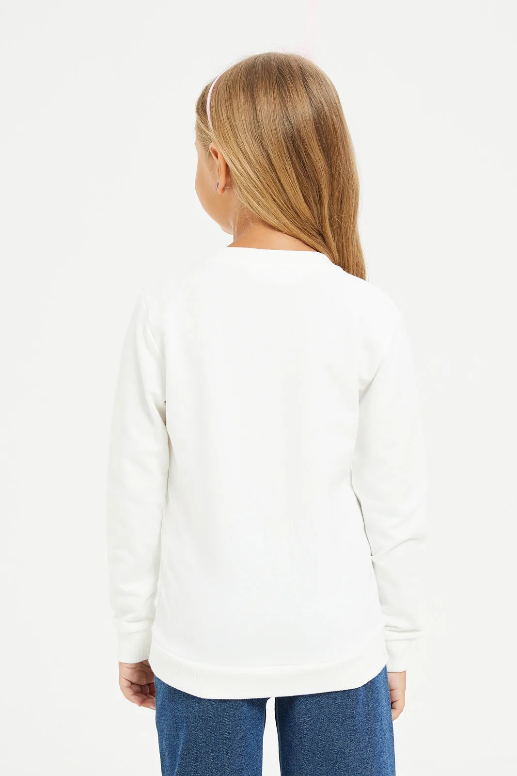 Girls White Printed Sweatshirt