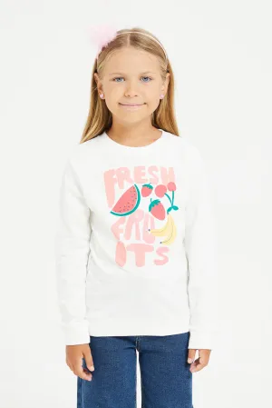 Girls White Printed Sweatshirt