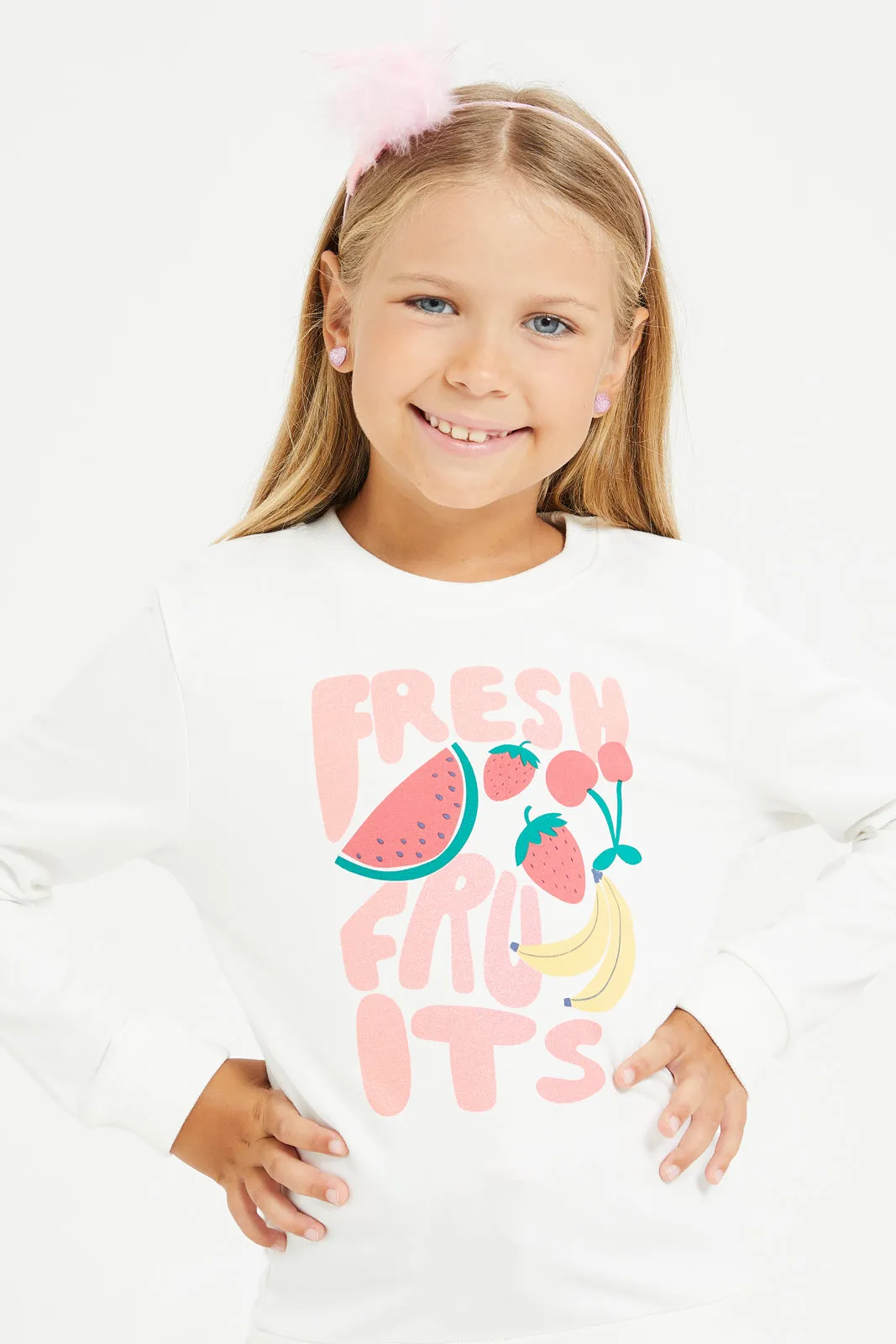 Girls White Printed Sweatshirt