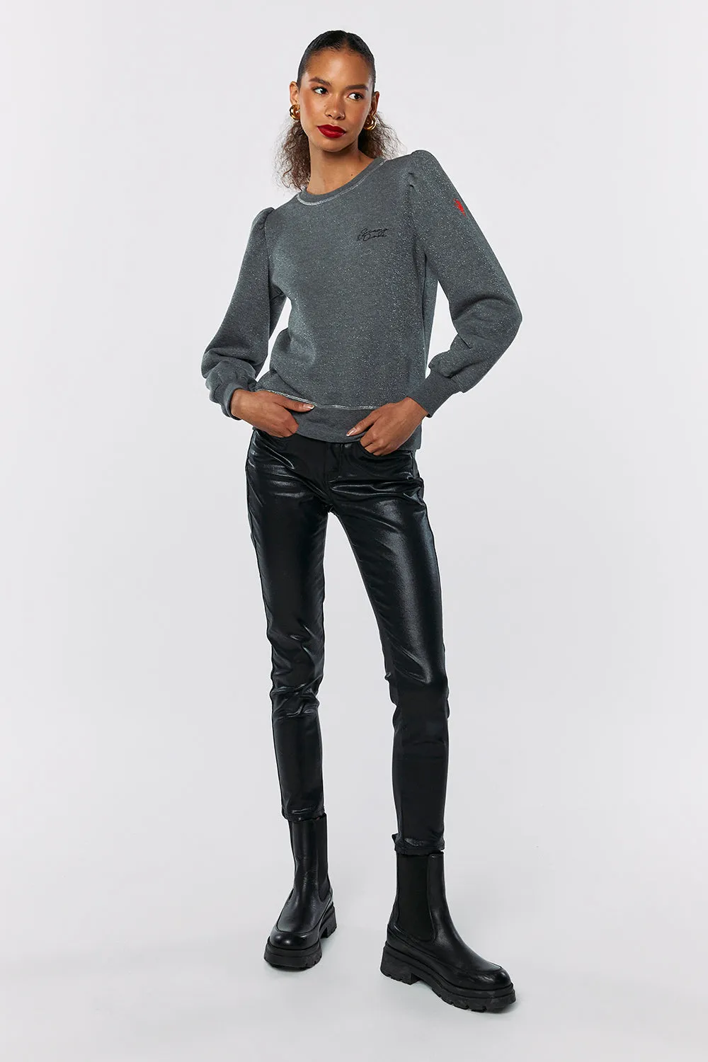 Grey Lurex Puff Sleeve Sweatshirt