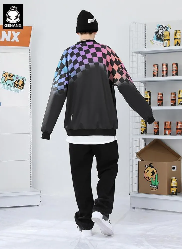 Hip Hop Plaid Color Block Space Cotton Sweatshirt