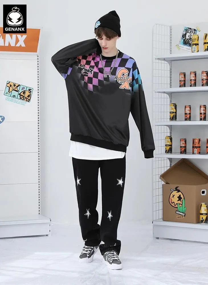 Hip Hop Plaid Color Block Space Cotton Sweatshirt