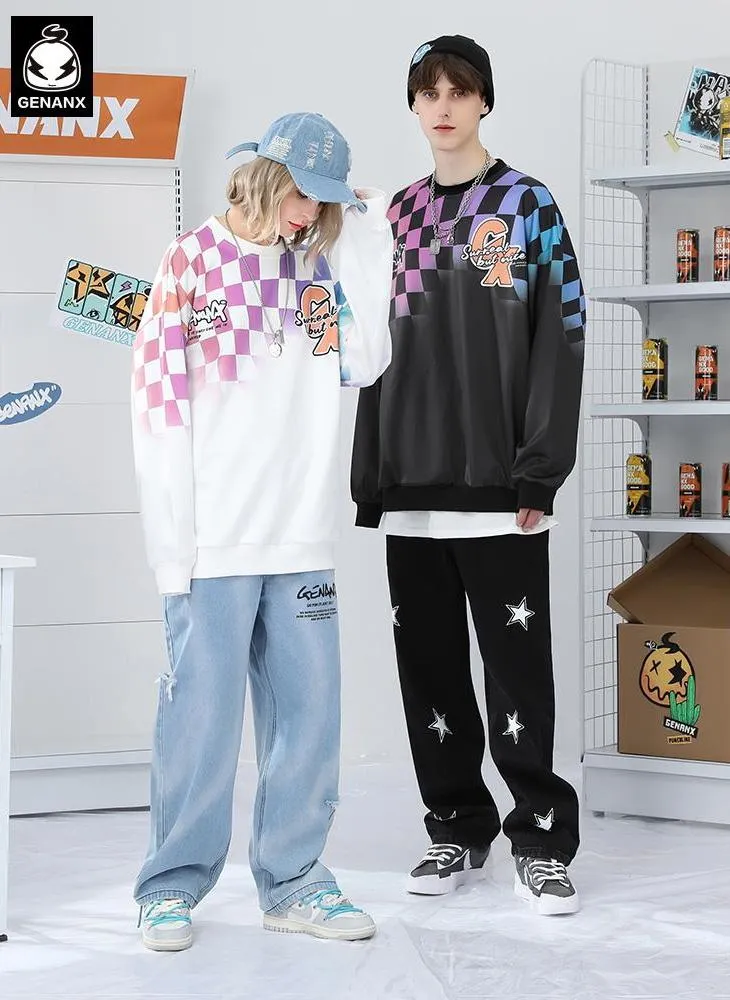 Hip Hop Plaid Color Block Space Cotton Sweatshirt