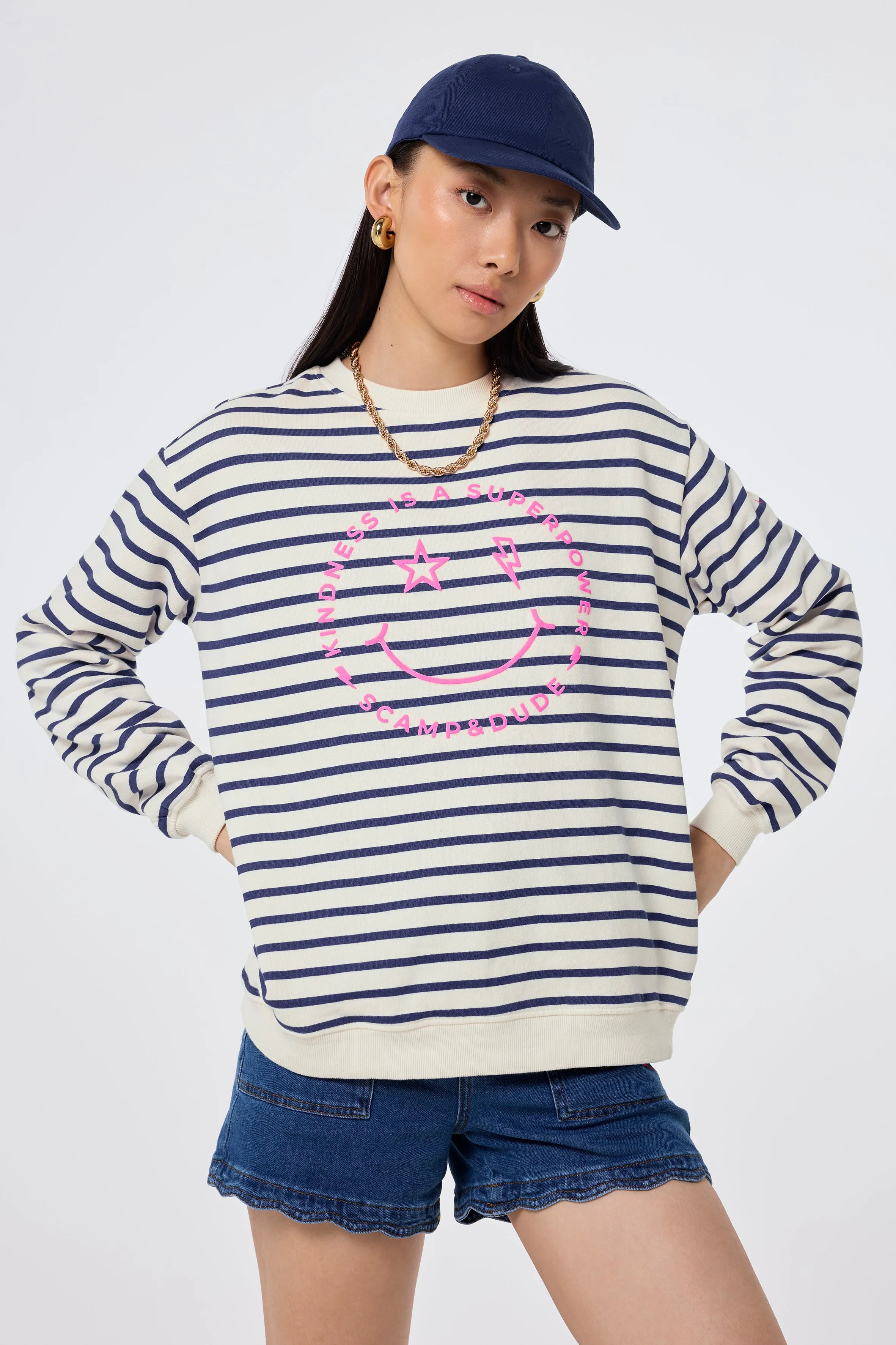 Ivory with Blue Stripe and Smiley Face Oversized Sweatshirt