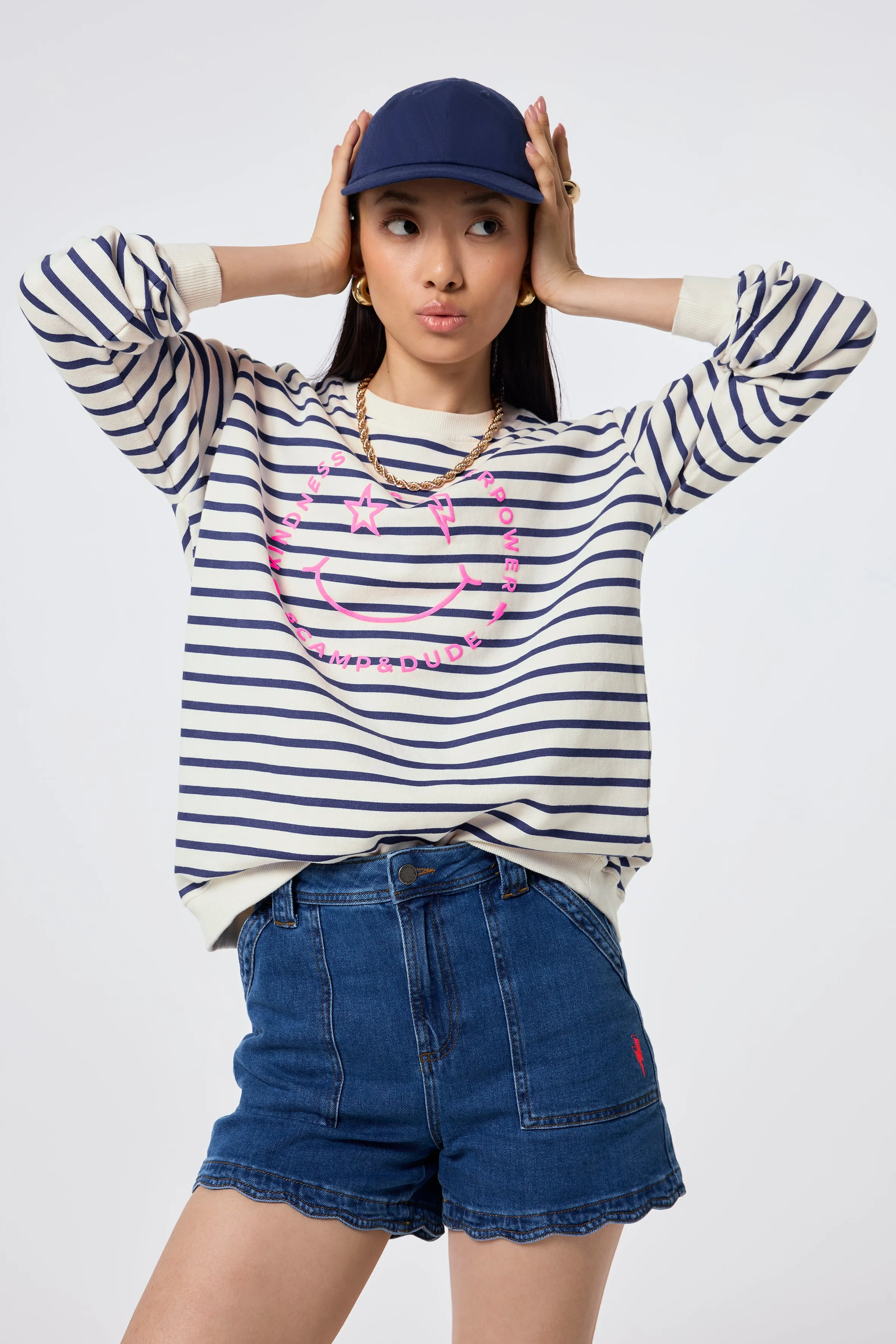 Ivory with Blue Stripe and Smiley Face Oversized Sweatshirt