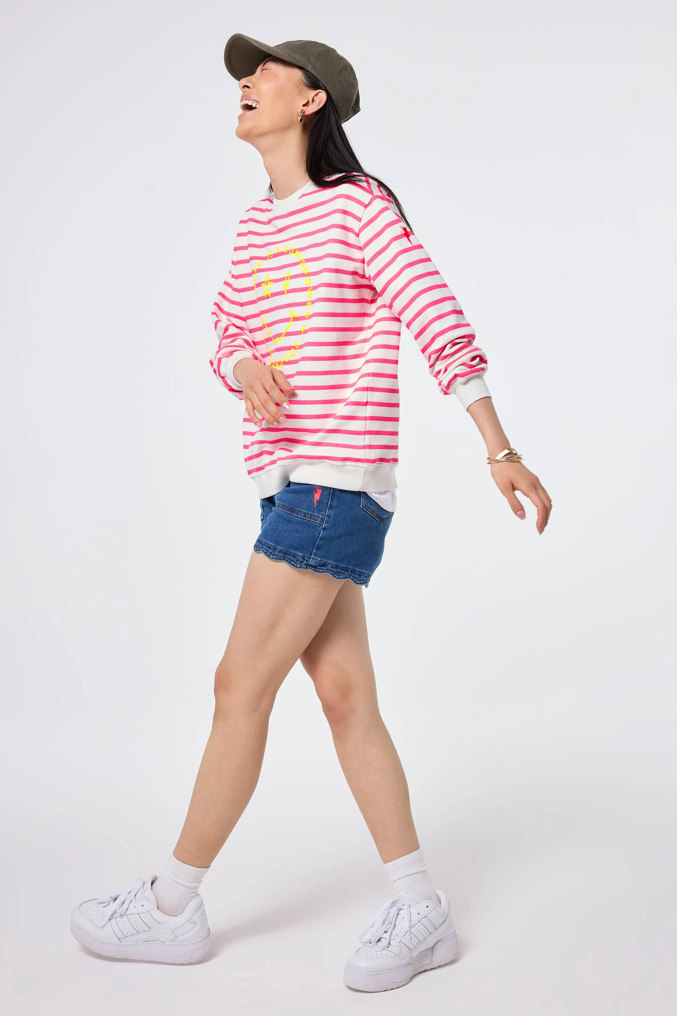 Ivory with Neon Pink Stripe and Smiley Face Oversized Sweatshirt