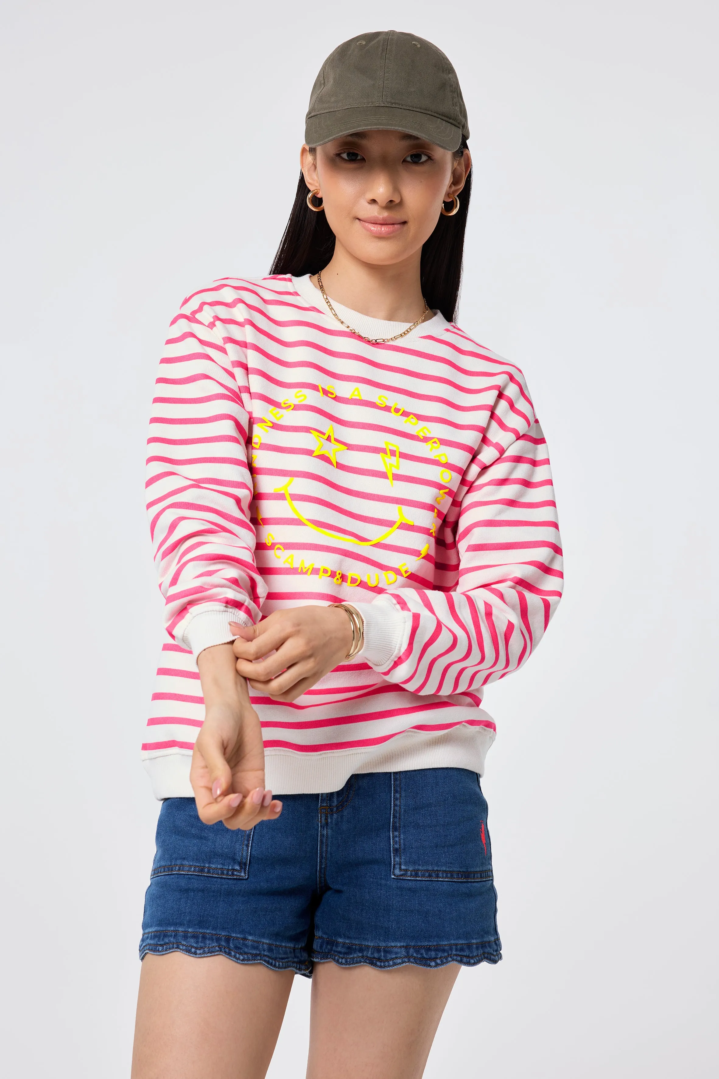 Ivory with Neon Pink Stripe and Smiley Face Oversized Sweatshirt