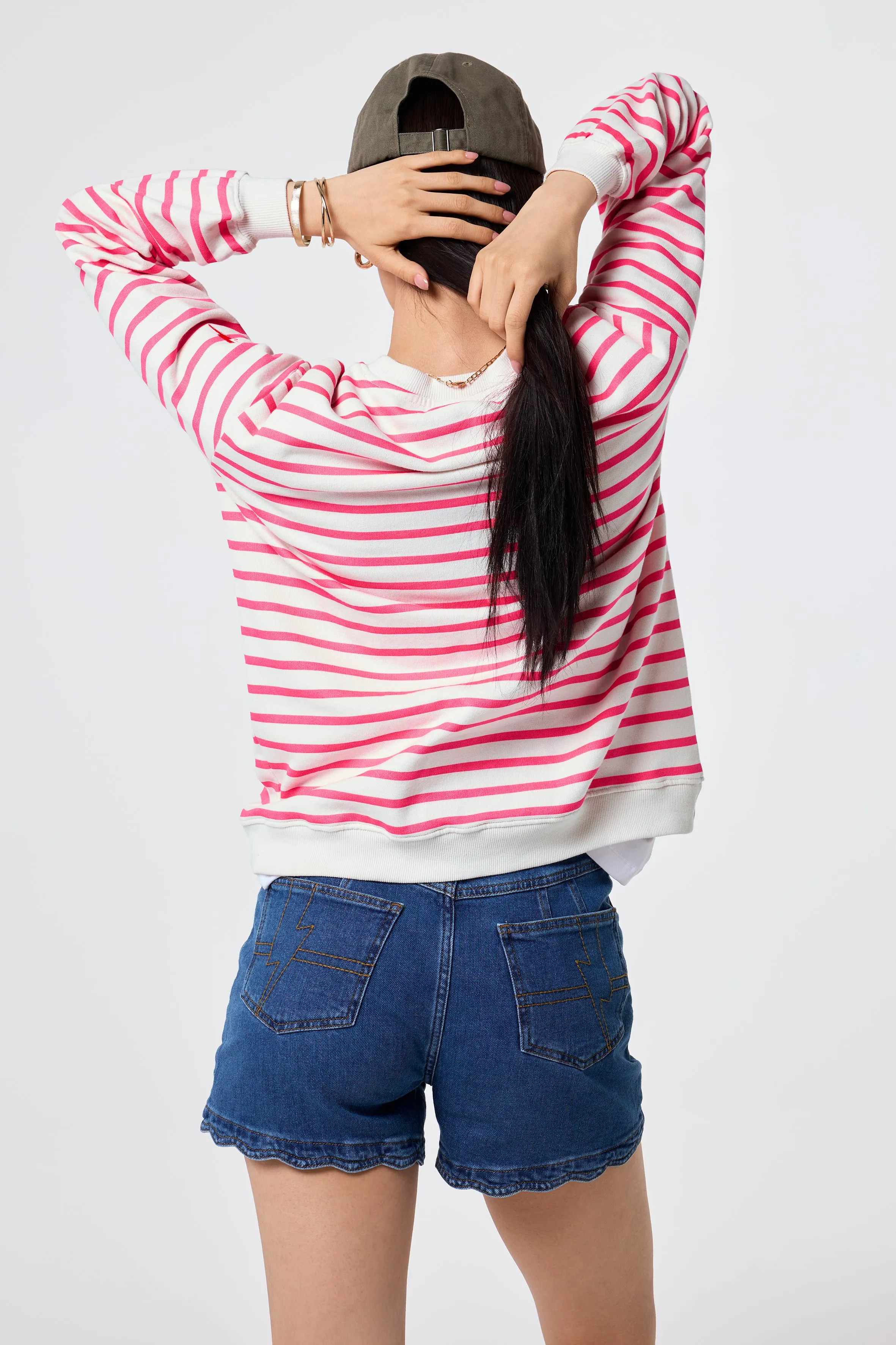 Ivory with Neon Pink Stripe and Smiley Face Oversized Sweatshirt