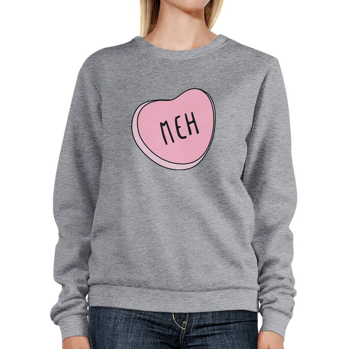 Meh Heart Unisex Gray Graphic Sweatshirt Cute Pink Heart Design