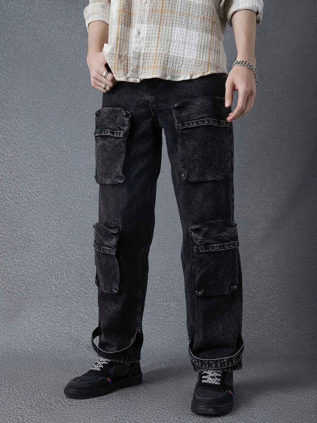 Men Baggy Fit Stretch 8 Pocket Utlity Black Denim Cargo