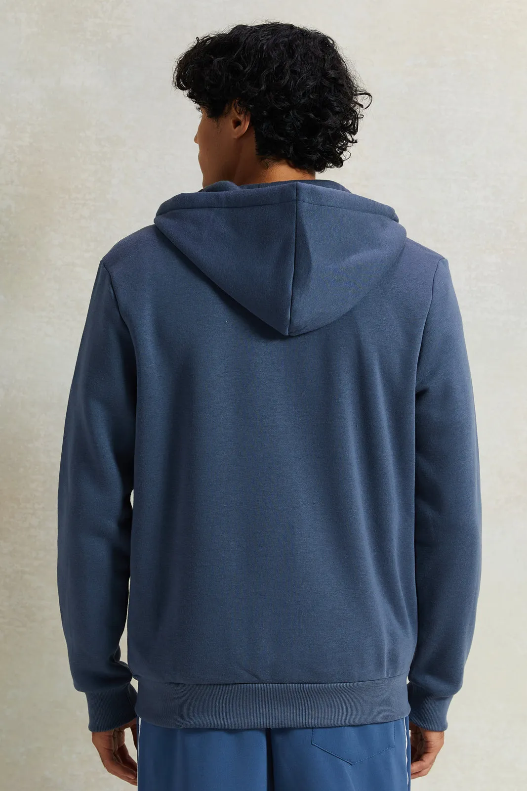 Men Blue Zip Through Hooded Sweatshirt