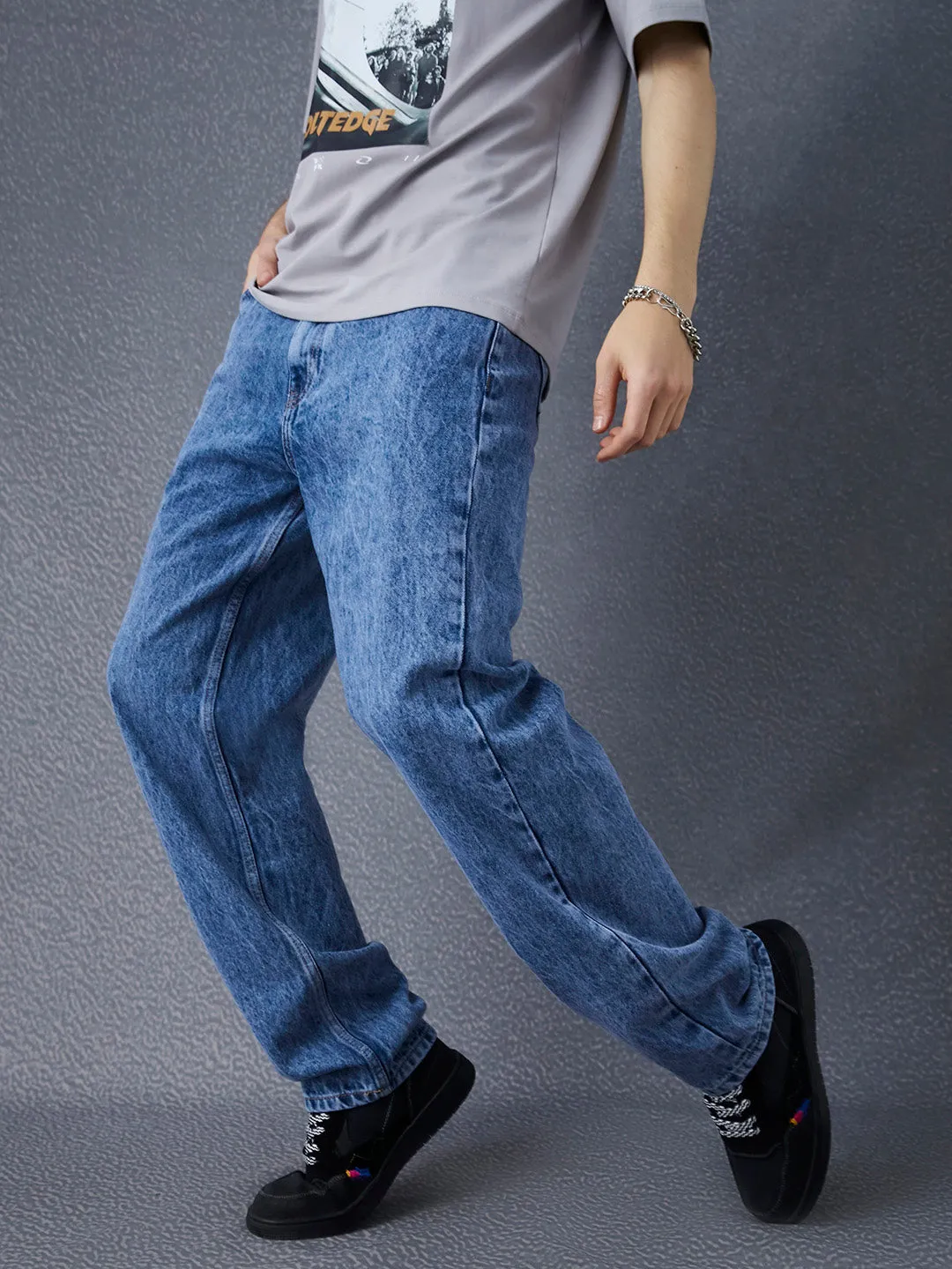 Men Straight Fit Washed Cotton Indigo Jeans