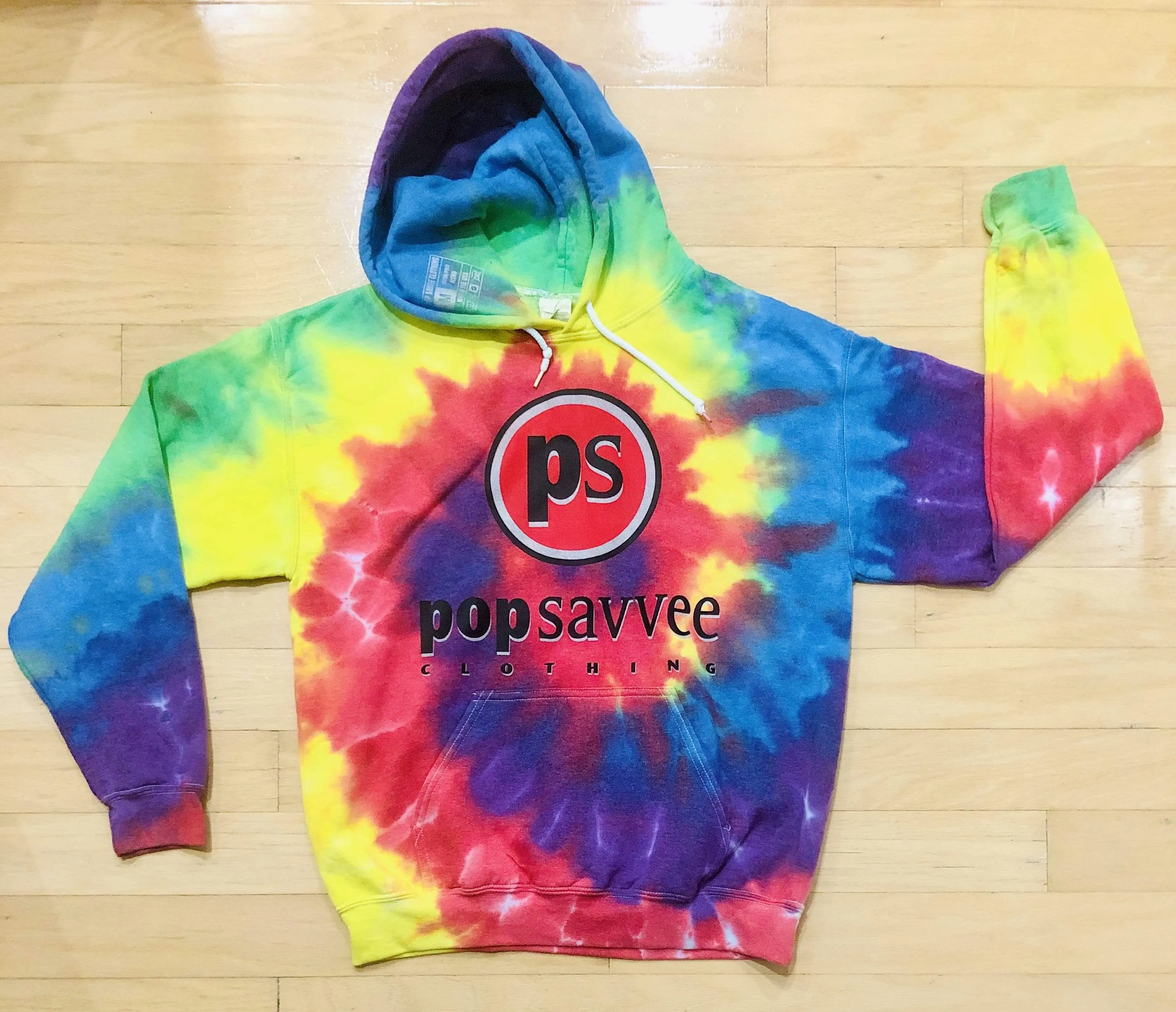 Multi-Color Tie-Dye Pullover Style Graphic Hoodie w/ Red “Pop Savvee Clothing” Logo