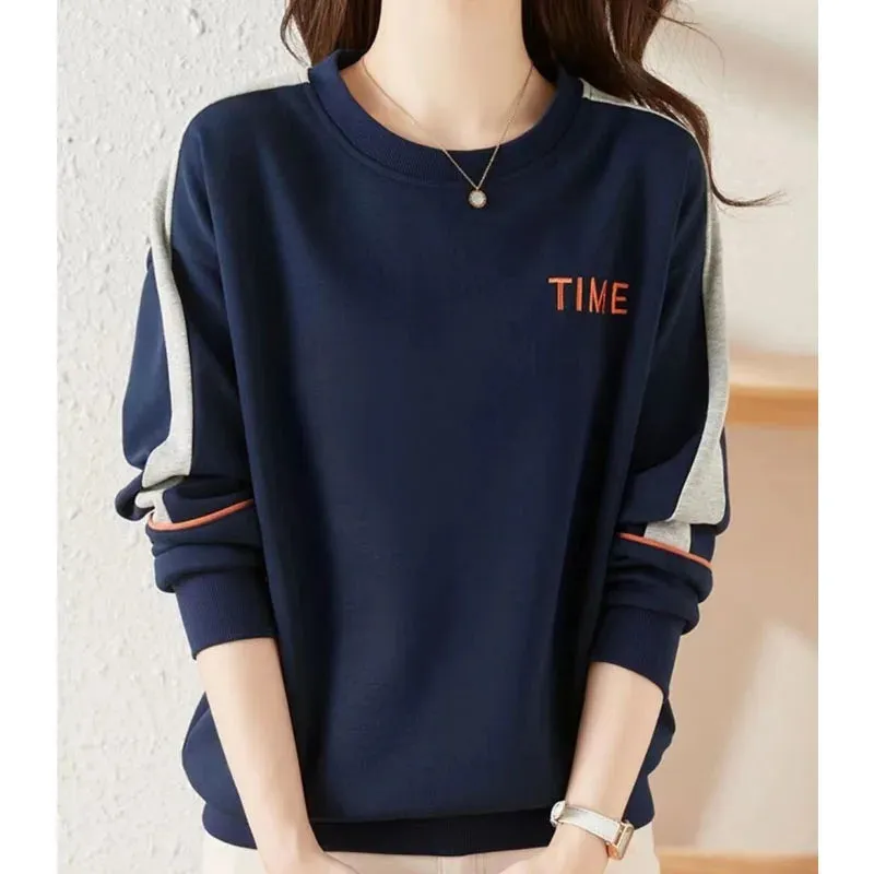 New Autumn Fashion Trend Letter Embroidery Splice Round Neck Loose Versatile Reducing Age Slim Women's Long Sleeve Sweater